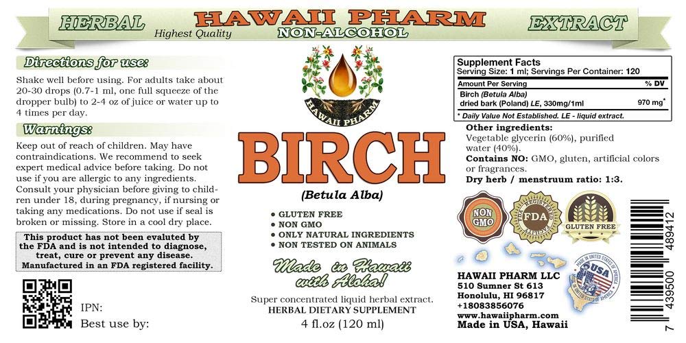 Organic Birch Bark Extract Alcohol-Free (Betula Alba) - Natural Herbal Supplement by Hawaii Pharm - 4x4 oz Glycerite - Supports Joint Health & Skin Care - Perfect for Tea Blends & Aromatherapy