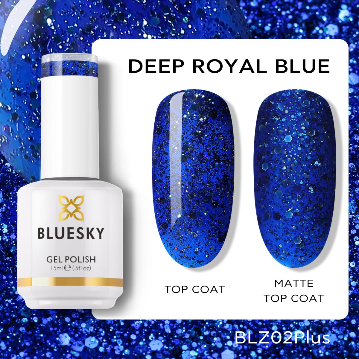 BLUESKY Blue Reflective Glitter Gel Nail Polish - Shimmer Sparkly Soak Off UV/LED Gel Polish (15ml, Deep Royal Blue) | Long Lasting Vegan Nail Art Kit | Perfect for Manicures, Nail Salons & Gift for Women