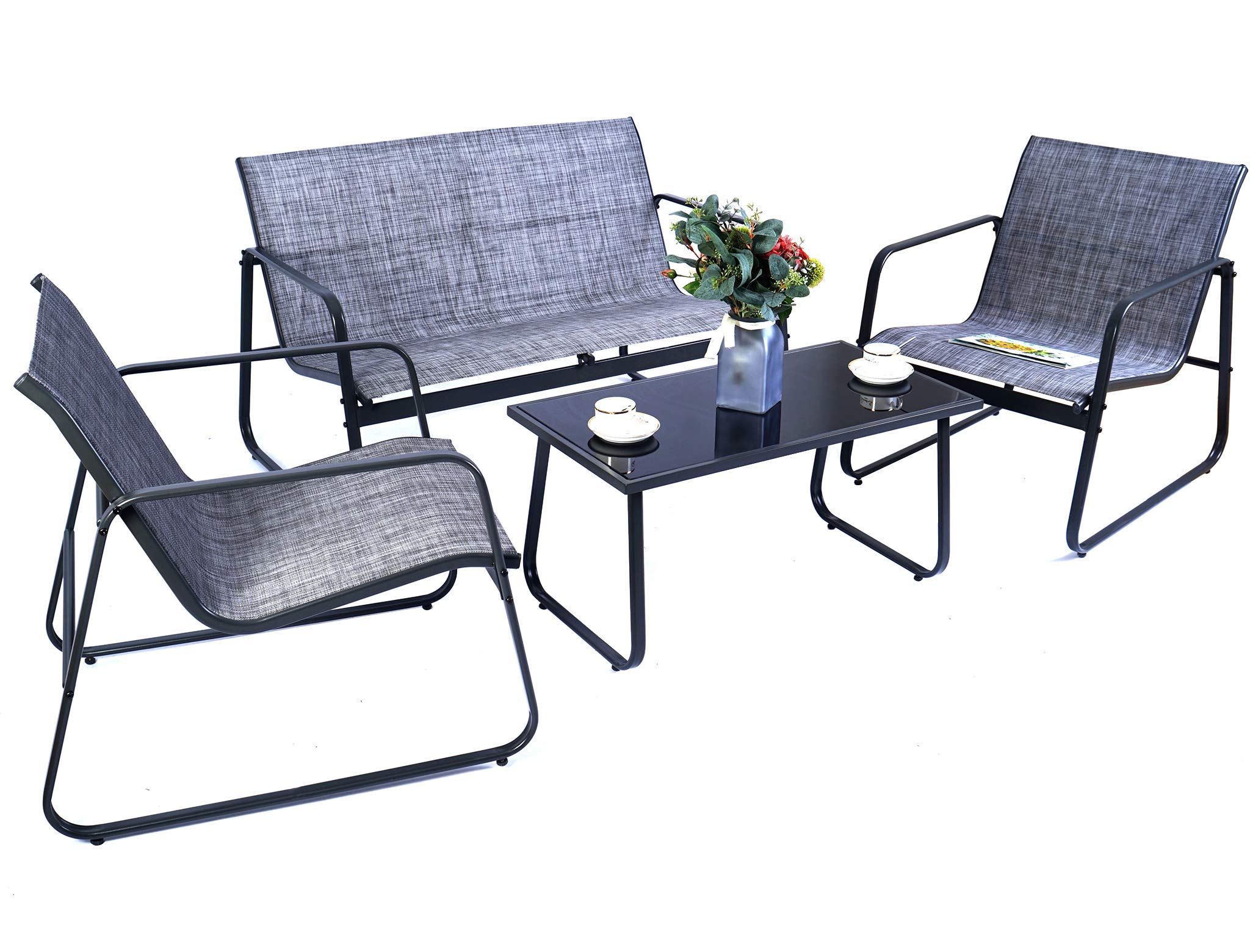 Kozyard Sofia 4-Piece Outdoor Patio Furniture Set - Powder Coated Metal Frame, Breathable Textilene Fabric, Includes Loveseat, 2 Chairs & Table (Gray) - Perfect for Backyard, Garden, Poolside or Balcony Relaxation
