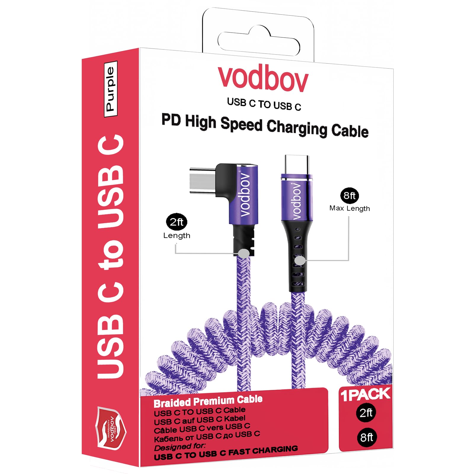 USB C to USB C Coiled Cable 2ft-8ft Fast Charging, Purple Braided Spring Type C Cable with Right-Angle Connector - Durable Coiled USB C Cord for Car, Computer, Phone, Tablet - Perfect for Gaming, Travel & Office Use (1 Pack)