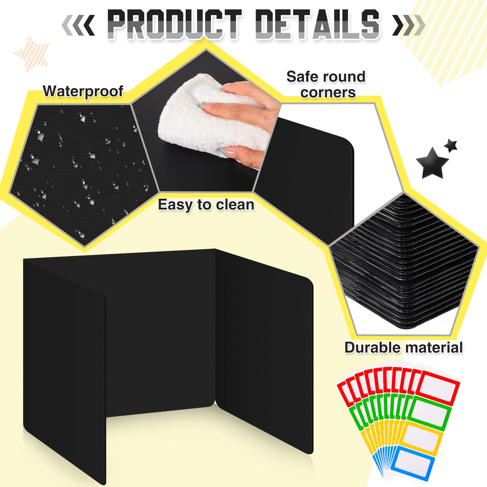20-Pack Black Plastic Classroom Privacy Boards for Student Desks - 14 x 17.3 x 14 Inch Foldable Test Dividers & Study Shields with 40 Colorful Name Labels - Reduce Distractions for Focused Learning in Schools & Homeschooling