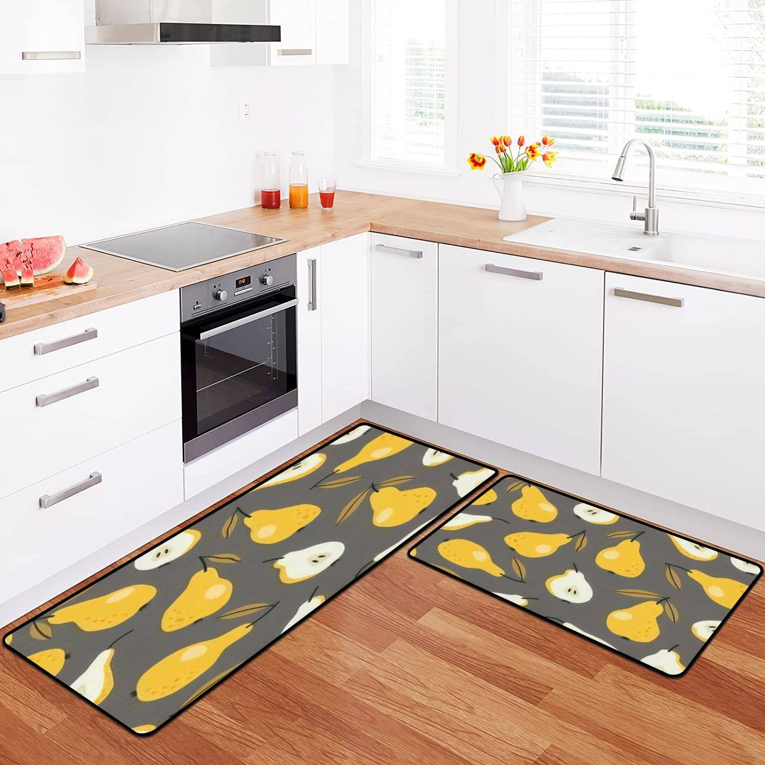 Non-Slip Washable Kitchen Rugs Set - Yellow Pear with Green Leaves Design, Gray Hand-Drawn Pears Kitchen Mat, Comfort Standing Floor Mat for Kitchen, Bathroom & Entryway Decor - Perfect for Home, Apartment & Office Use