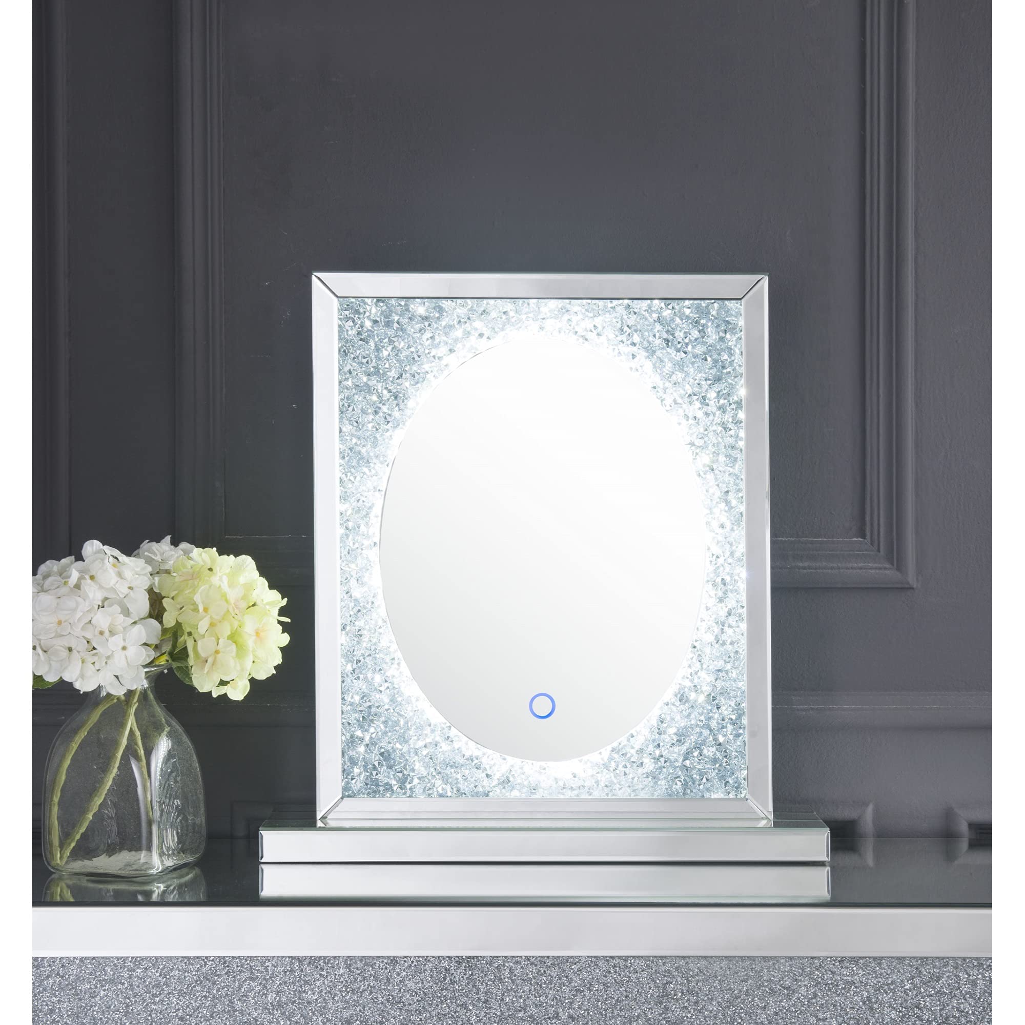 Elegant LED Mirror with Faux Diamonds - Modern Home Decor Accent for Bedroom, Bathroom & Vanity Lighting