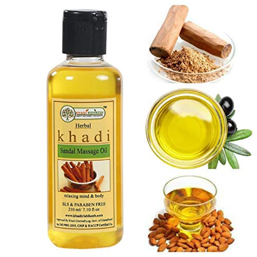 Khadi Rishikesh Herbal Sandal Massage Oil - 210ml for Skin Protection, Scar Healing & Spot Treatment | Tightens & Soothes Skin | Relaxes Muscles & Calms Senses | All Skin Types - Perfect for Men & Women | Ideal for Aromatherapy, Spa Days & Self-Care Rituals