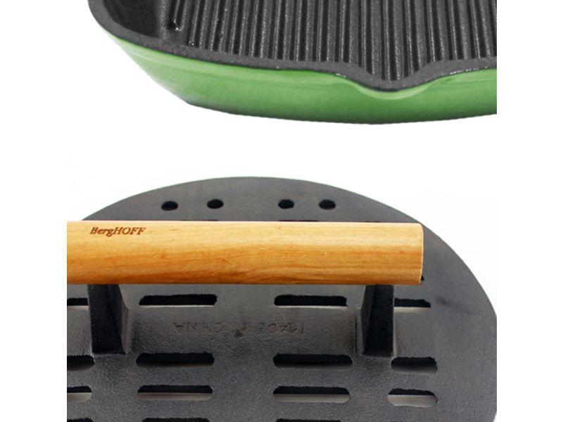 BergHOFF Neo 3-Piece Cast Iron Cookware Set - Grill Pan, Fry Pan & Slotted Steak Press - Nonstick & Even Heat Distribution - Perfect for Stovetop, Oven & Outdoor Cooking - Green