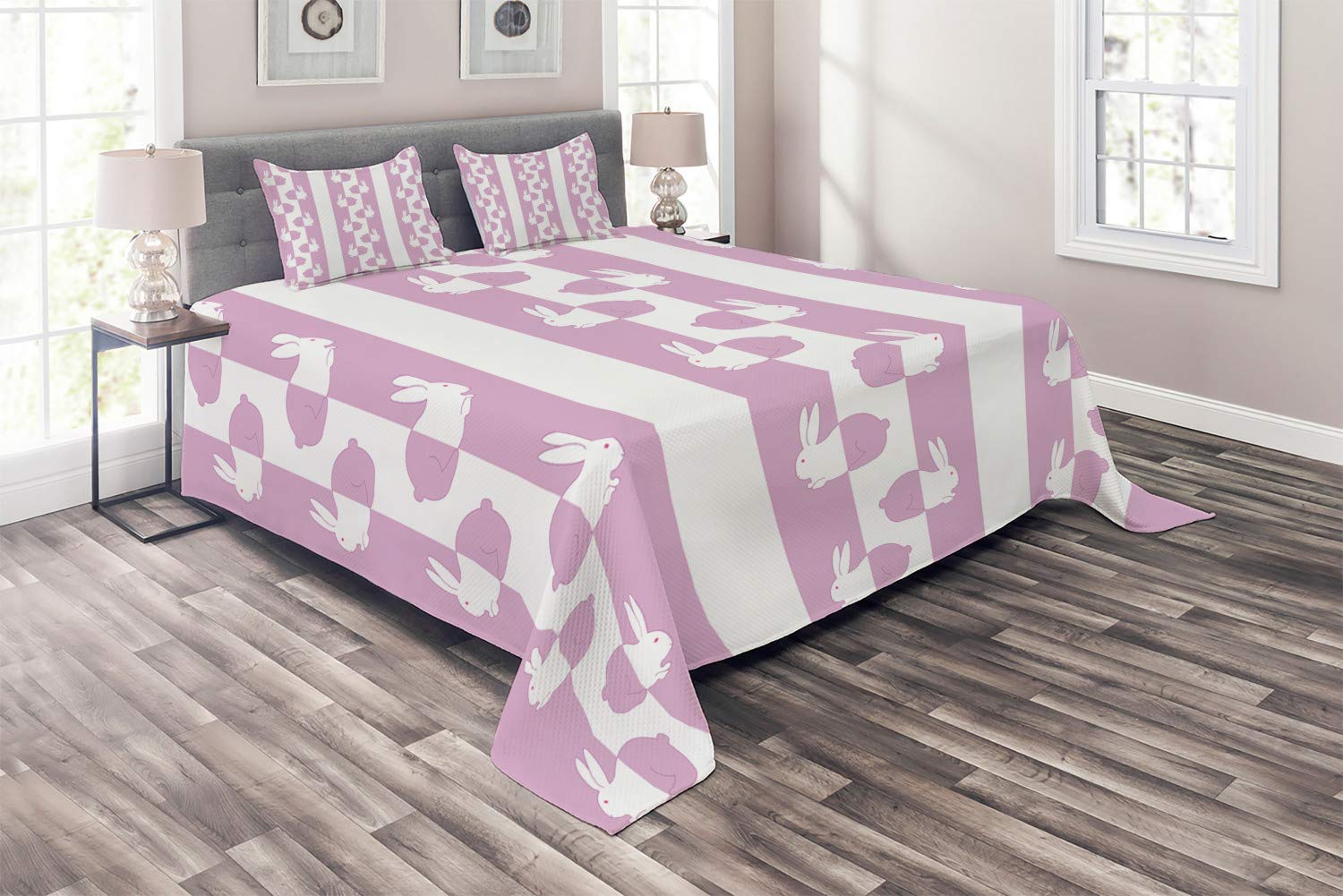Ambesonne Easter Bunny Rabbits Quilted Bedspread Set - 3 Piece King Size Coverlet with 2 Pillow Shams, Pastel Animal Print Design in White & Pink - Perfect for Spring Bedroom Decor, Easter Gift & Cozy Home Styling