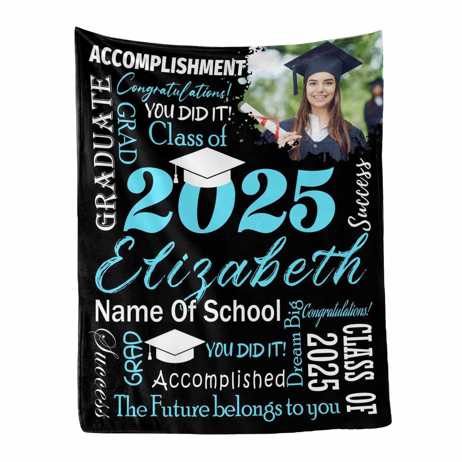 Personalized Graduation Blanket 2025 - Custom Photo Throw Blanket for High School & College Graduates - Class of 2025 Gift for Her/Him - 30x40 Inch Black Blanket with Inspirational Quote - Perfect Graduation Party Decor & Cozy Dorm Room Throw