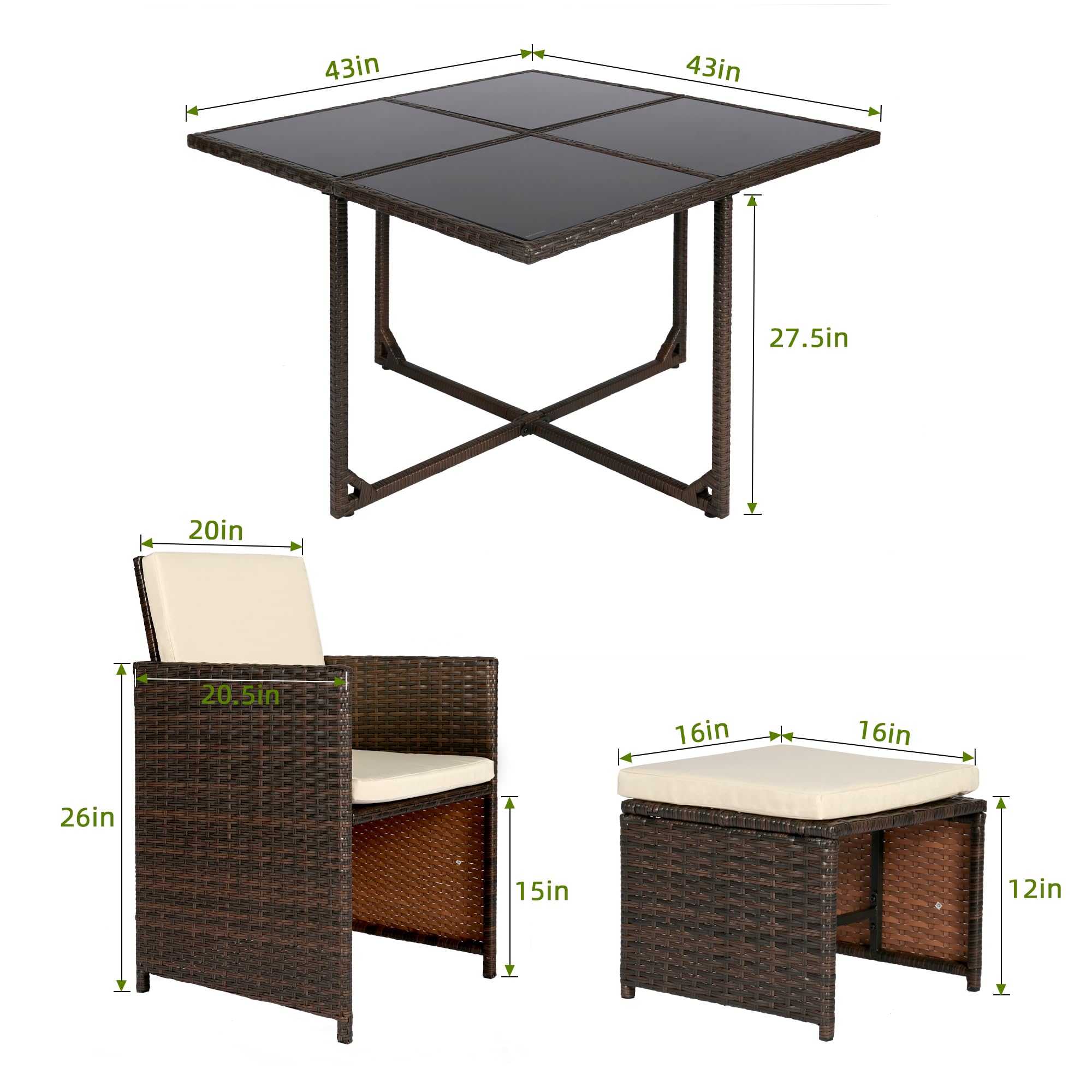9-Piece Patio Dining Set with Wicker Chairs, Glass Table & Ottomans - Space-Saving Outdoor Conversation Set with Cushioned Seating (Beige) - Perfect for Backyard, Garden, Poolside & Patio Relaxation