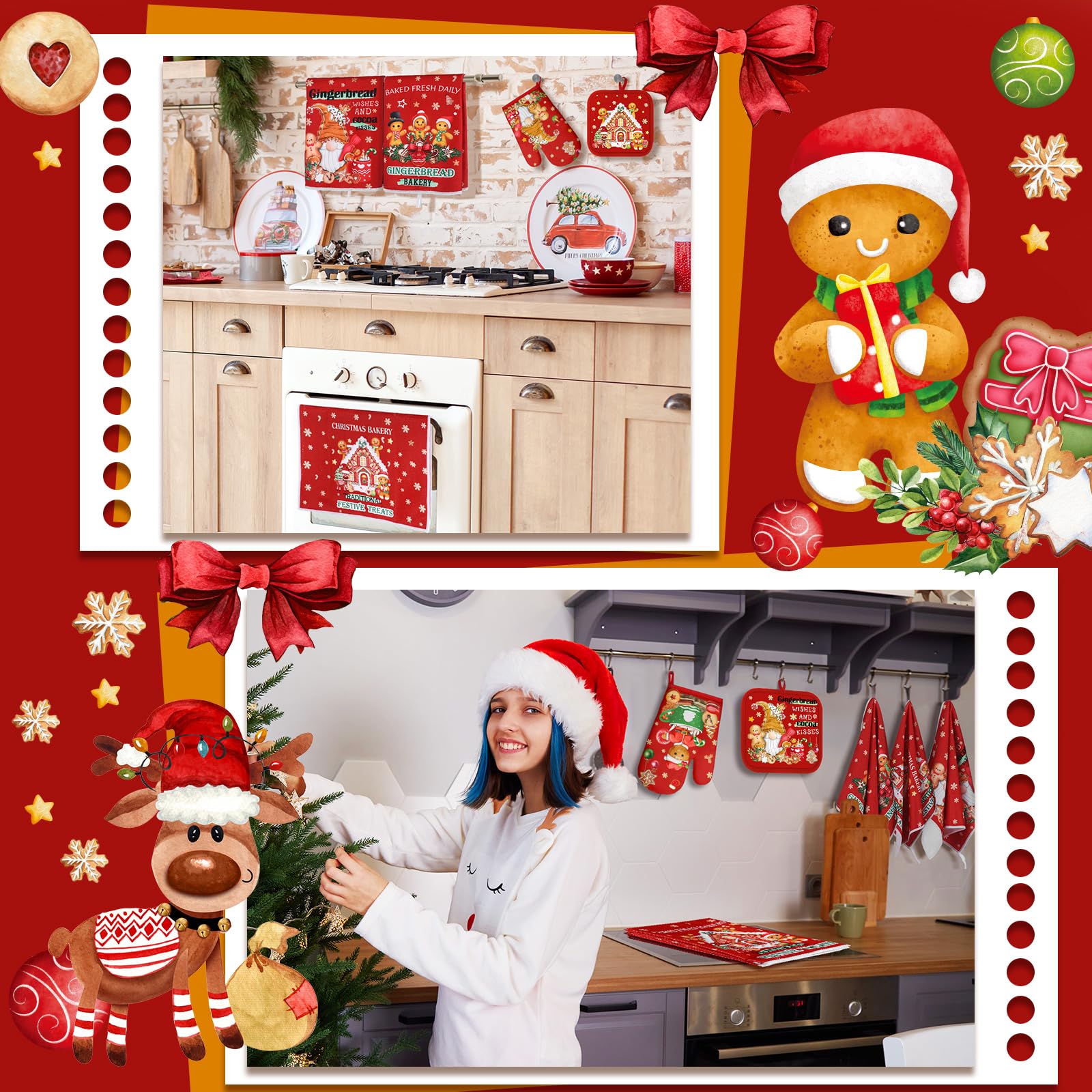 12-Piece Christmas Kitchen Set - 4 Gingerbread Man Dish Towels, 4 Gingerbread House Oven Mitts & 4 Candy Pot Holders for Holiday Cooking, Baking & Festive Home Decor | Perfect for Christmas Dinner, Cookie Baking & Kitchen Gifts