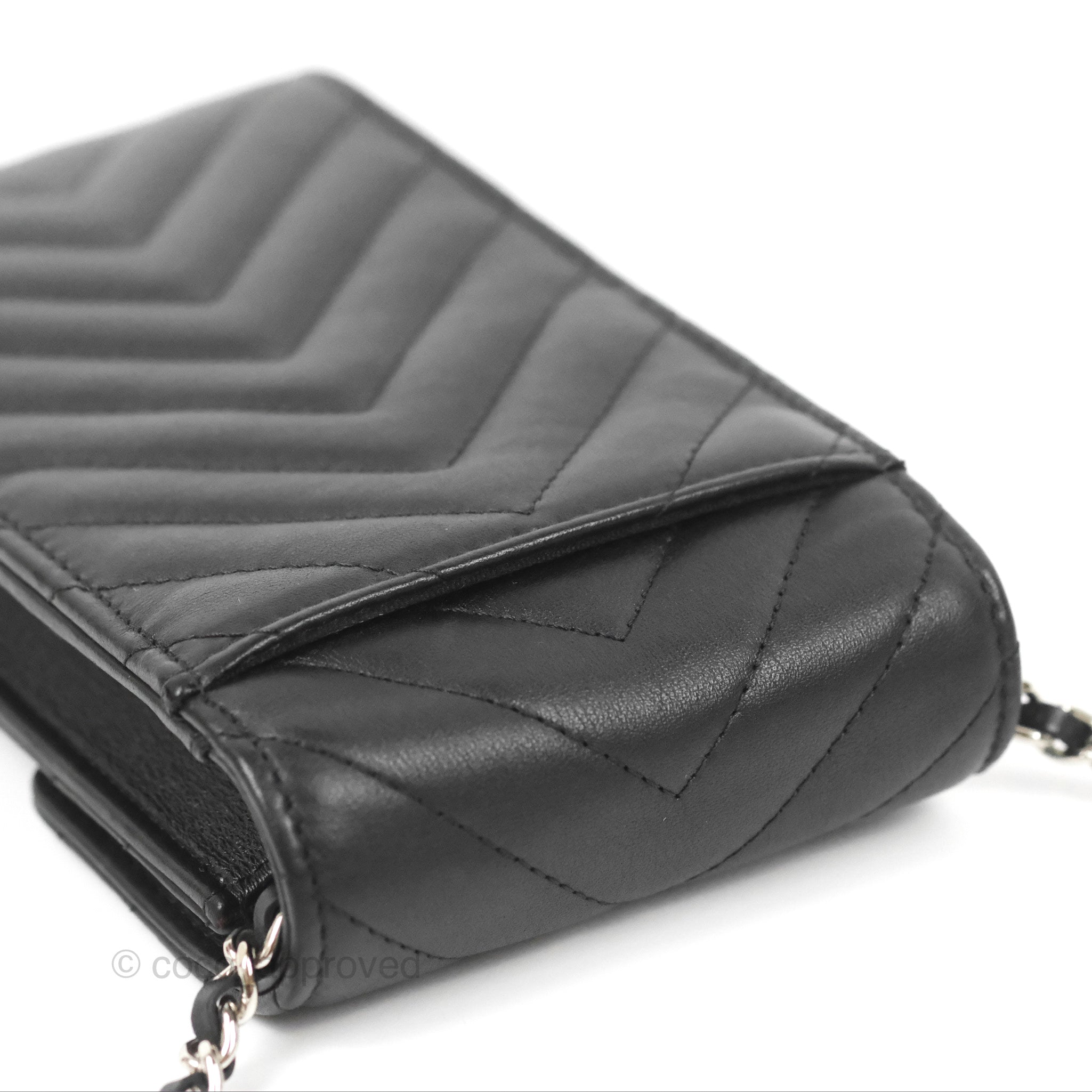 Chanel Classic Chevron Phone Holder - Black Calfskin with Silver Hardware | Luxury Phone Accessory for iPhone & Samsung | Perfect for Office, Travel & Daily Use