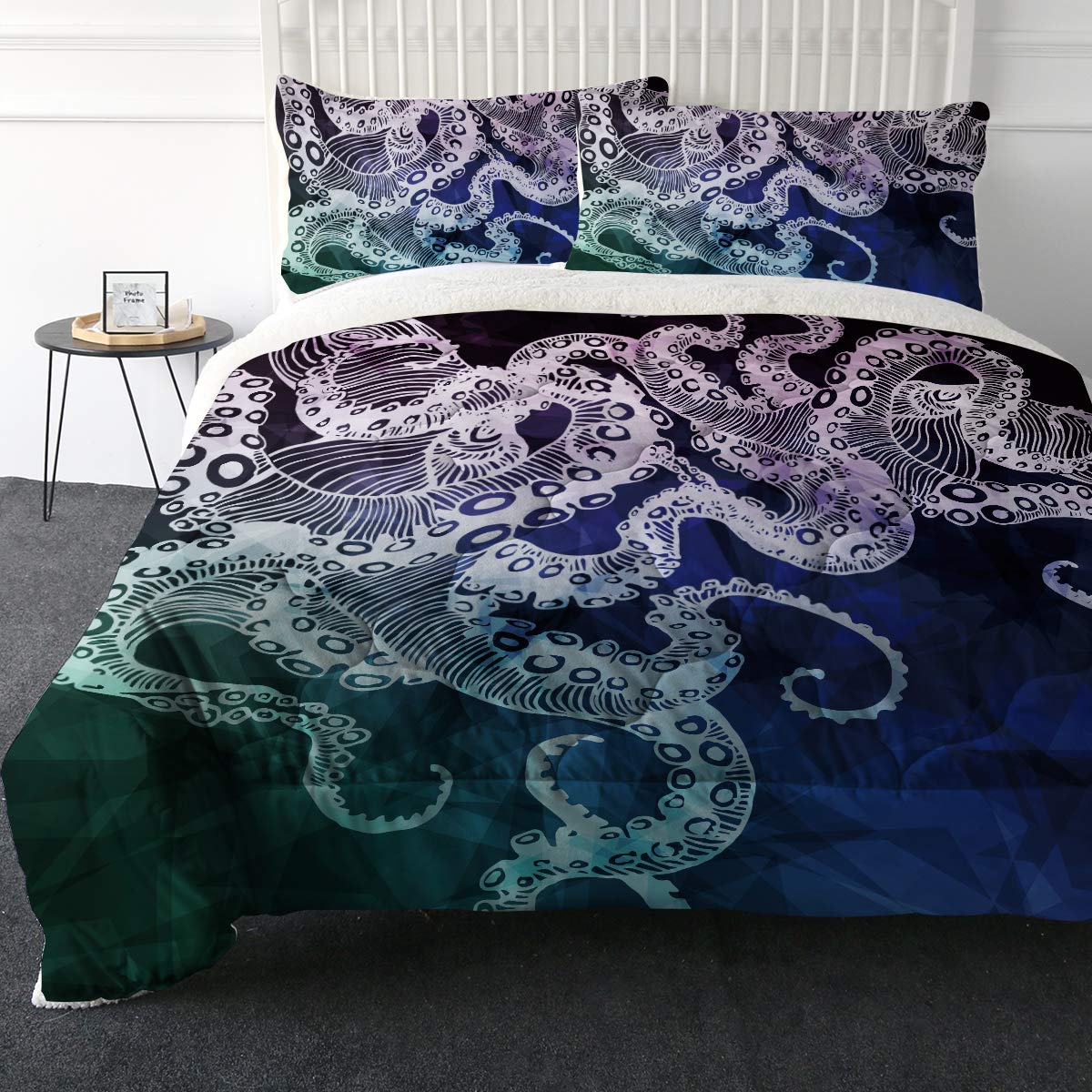 Ultra-Soft Micromink Sherpa Comforter Bed Set - 3D Lightweight Fuzzy Duvet Blanket with Polyester Filler - Nautical Octopus King Size Bedding Set Includes 2 Pillow Shams - Perfect for Cozy Winter Nights, Guest Room Decor, and Luxury Bedroom Upgrade