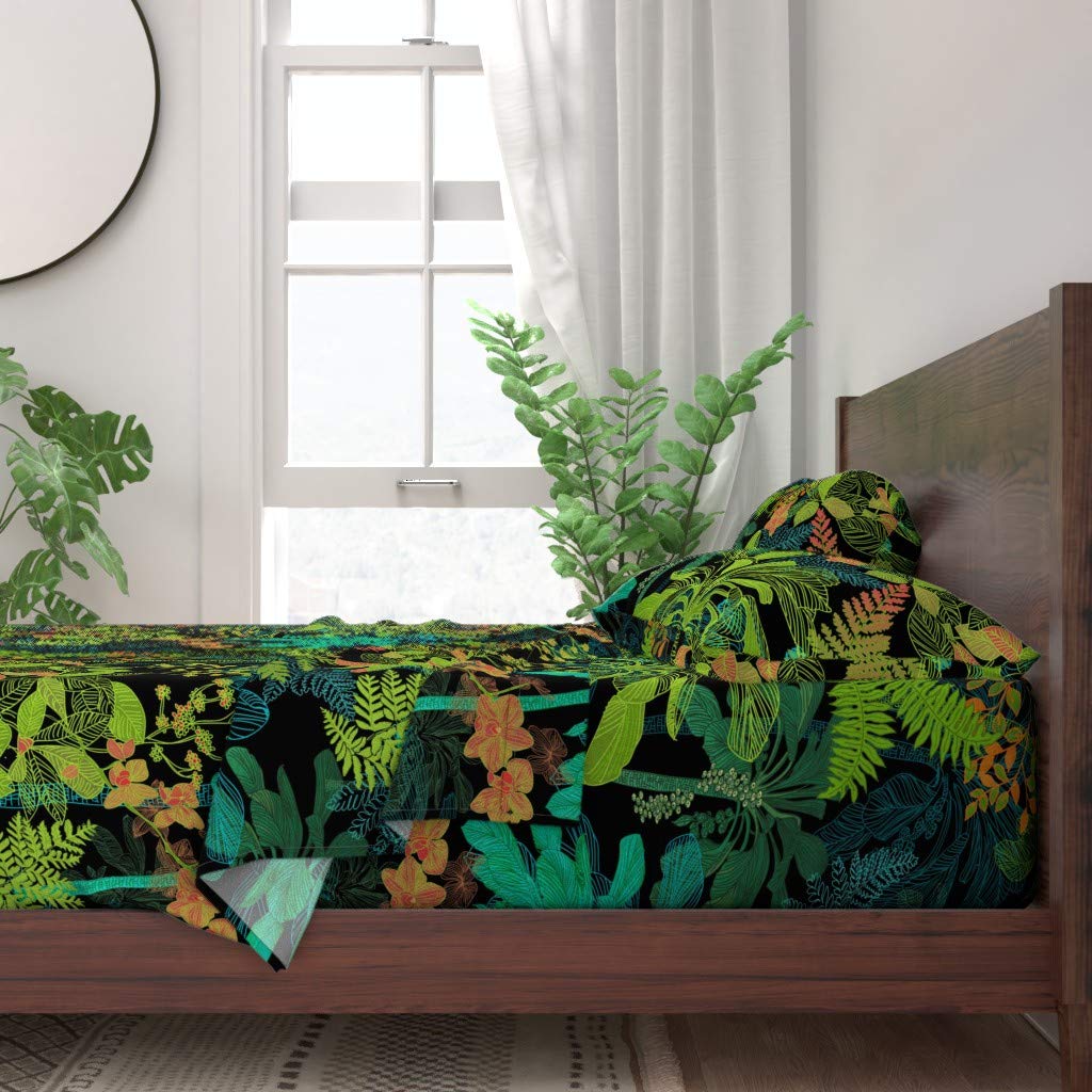 100% Cotton Twin Sheet Set 3pc - Tropical Palm Leaves Jungle Print Custom Bedding | Soft Breathable Sheets for Summer, Hawaii & Garden Themed Bedrooms