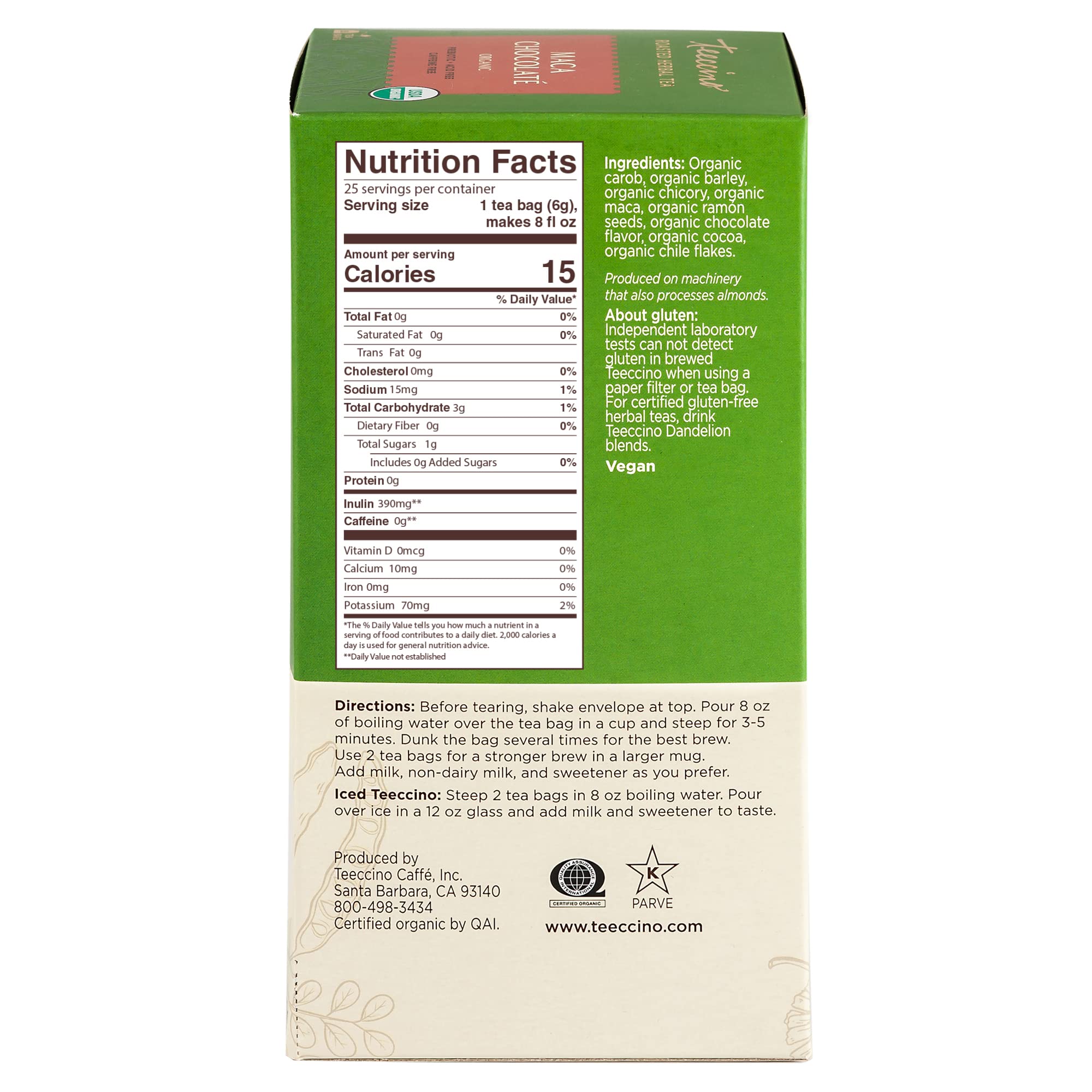 Teeccino Maca Chocolaté Herbal Tea - Caffeine Free, Prebiotic, Adaptogenic Peruvian Maca for Natural Energy - Rich Roasted Herbal Tea (25 Tea Bags) - Perfect for Relaxation, Morning Boost & Afternoon Pick-Me-Up
