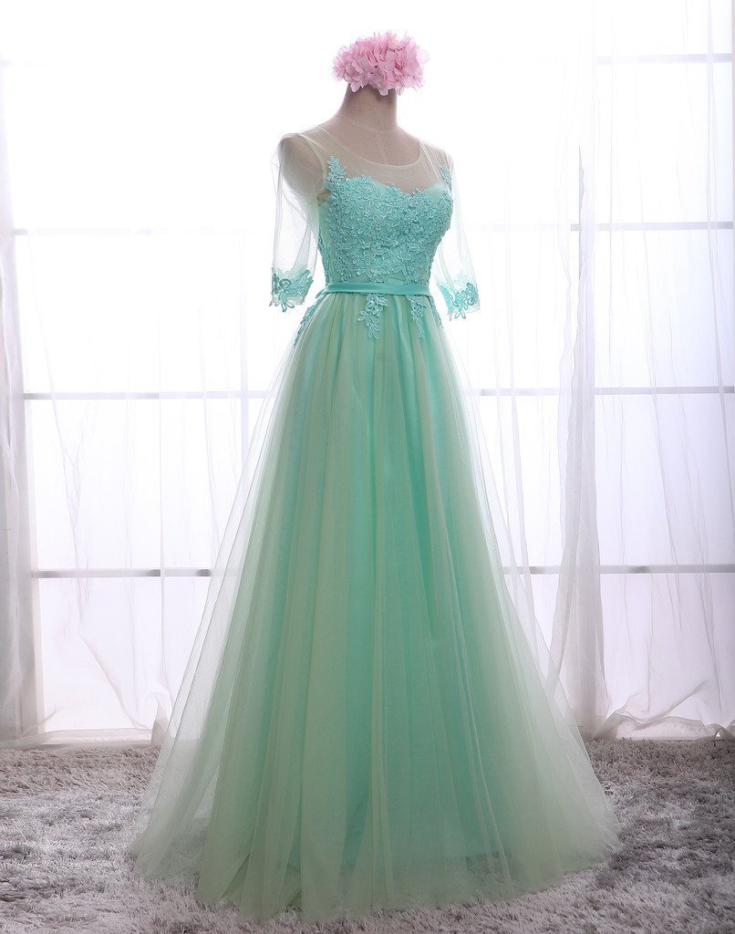 Elegant Women's Half Sleeve Lace Applique Tulle Formal Evening Gown - Perfect for Prom, Wedding Guest & Black Tie Events