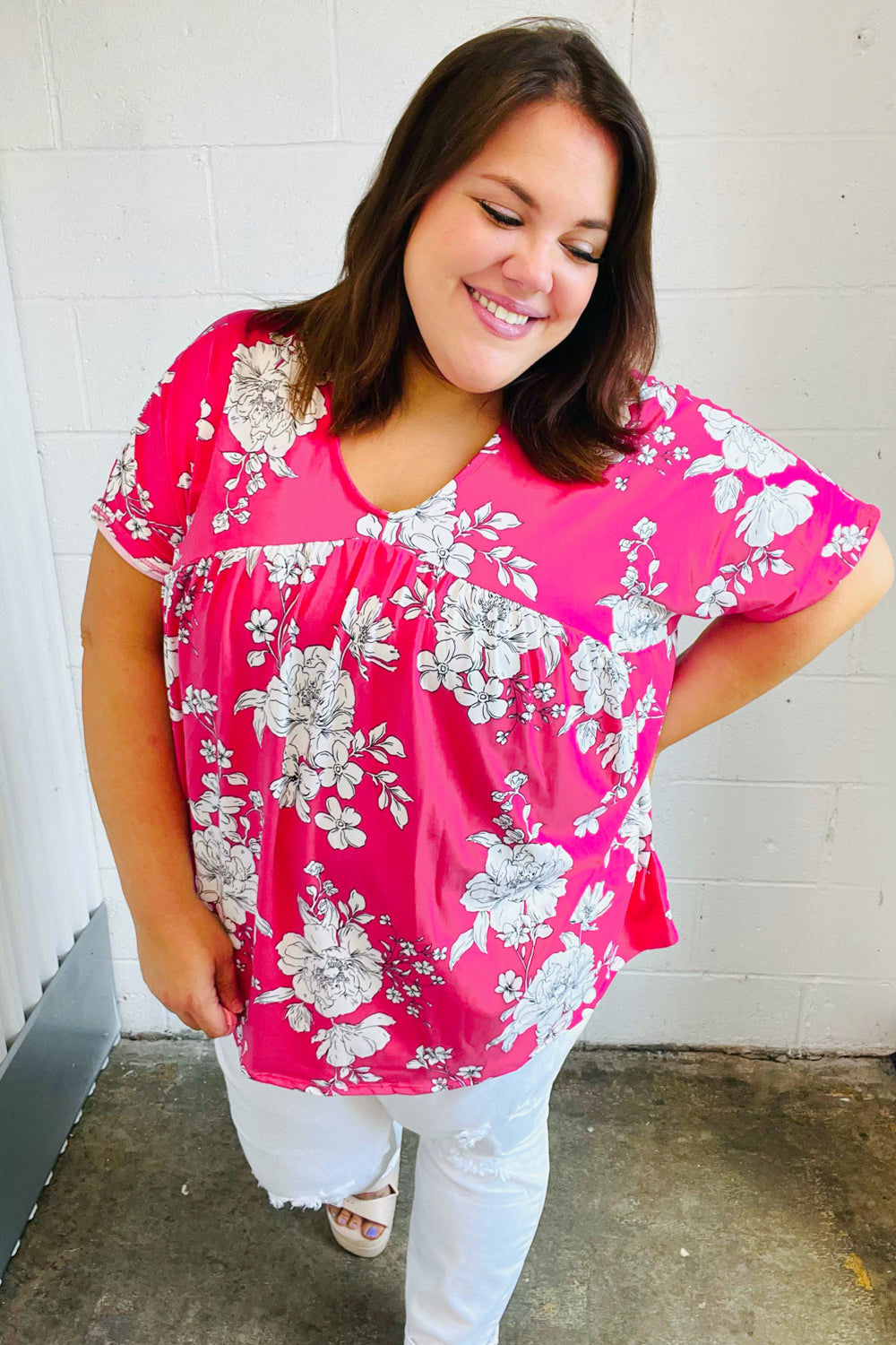 Fuchsia Floral V-Neck Dolman Top for Women | Casual Loose Fit Tunic Blouse | Perfect for Spring Outfits, Date Nights & Office Wear
