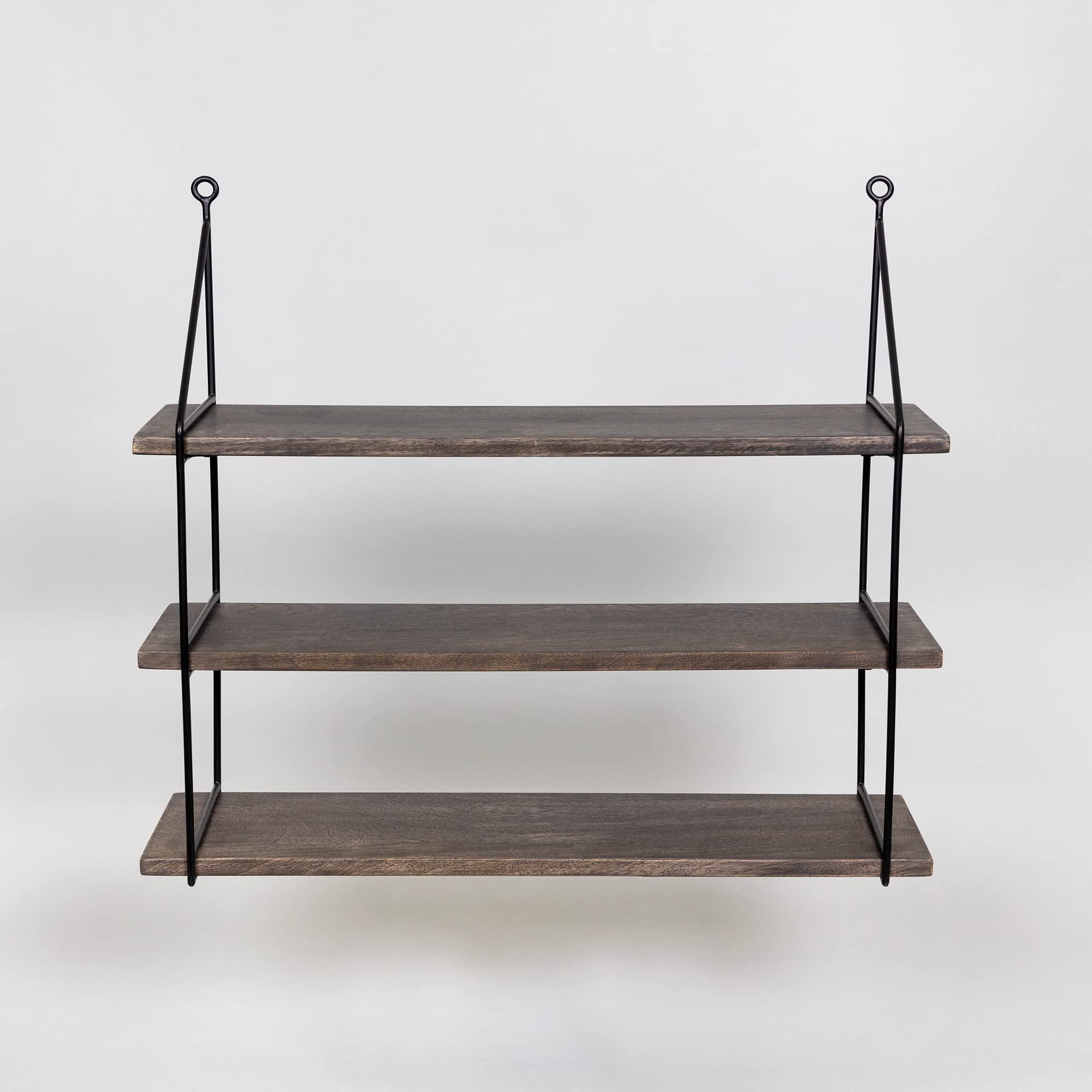 Stratton Home Decor 3-Tier Mango Wood & Metal Wall Shelf - Rustic Dark Natural Wood Finish - Perfect for Bathroom, Kitchen, Living Room & Bedroom Storage & Organization