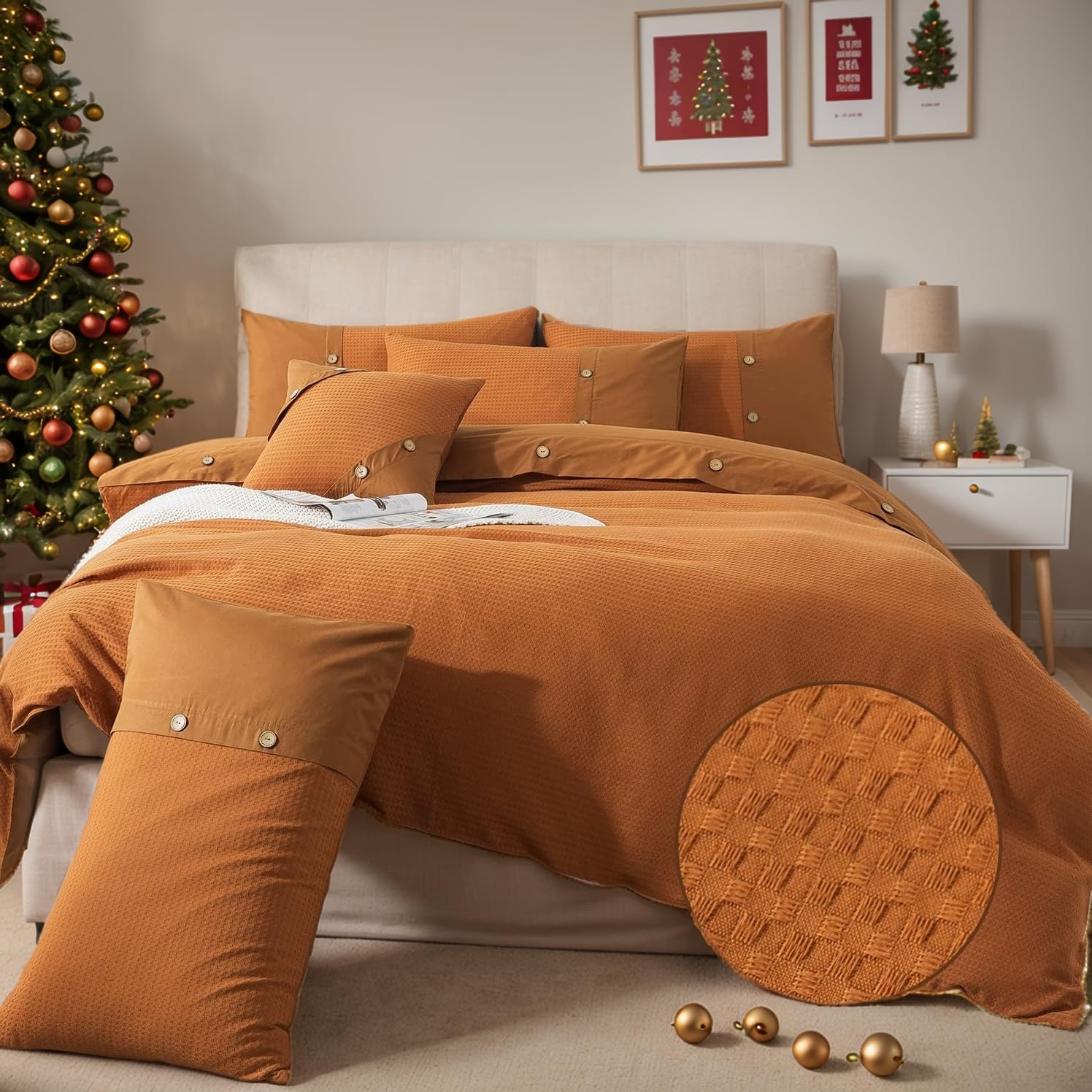 FADFAY Queen Size Burnt Orange Duvet Cover Set - 100% Cotton Waffle Weave Reversible Comforter Cover with Zipper Closure | Luxury Textured Terracotta Bedding | Soft, Breathable 3-Piece Set for All Seasons | Perfect for Master Bedroom, Guest Room & Cozy Home Decor