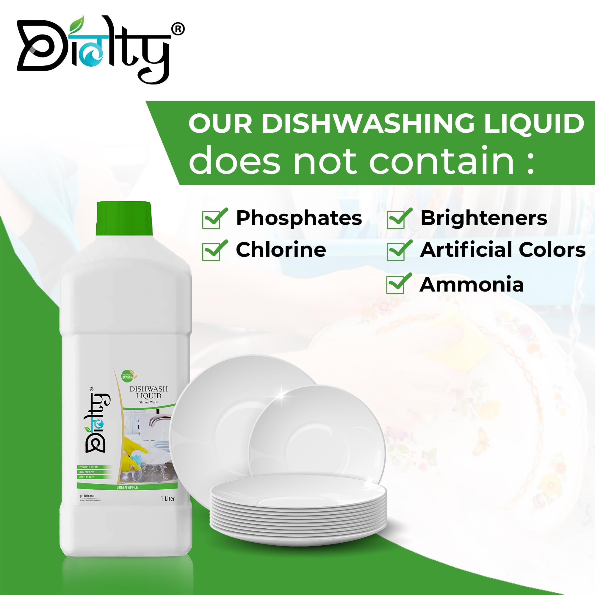 Diolty Lemon Scented Dishwashing Liquid Gel - 1L Grease Cleaner for All Utensils | Eco-Friendly Kitchen & Household Cleaning Solution (Green Apple Fragrance)