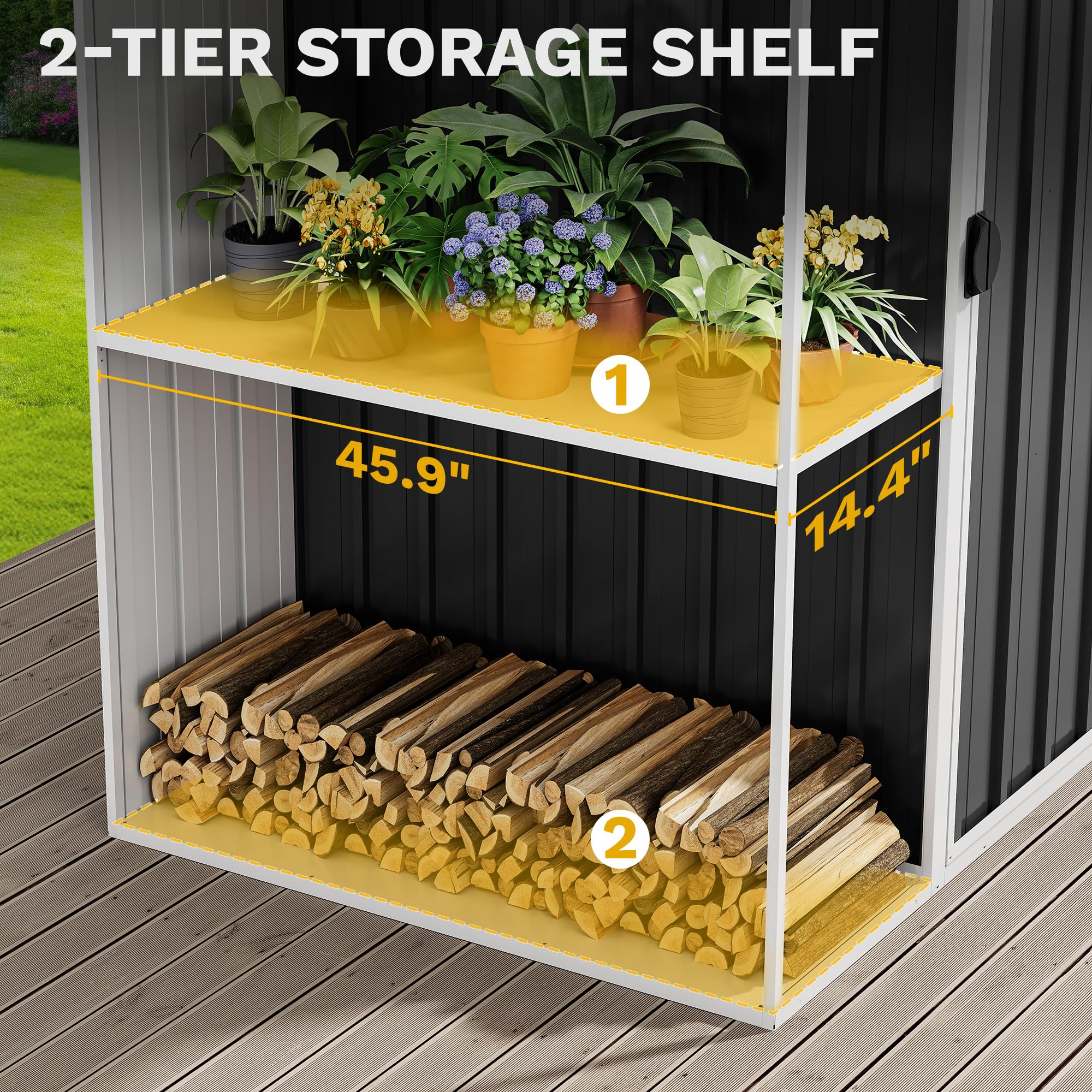 DWVO 8x4FT Outdoor Metal Storage Shed with Rack & Shelves - Heavy Duty Garden Shed for Bike, Tool & Lawn Equipment Storage - Perfect for Backyard, Patio & Garage Organization (Black)
