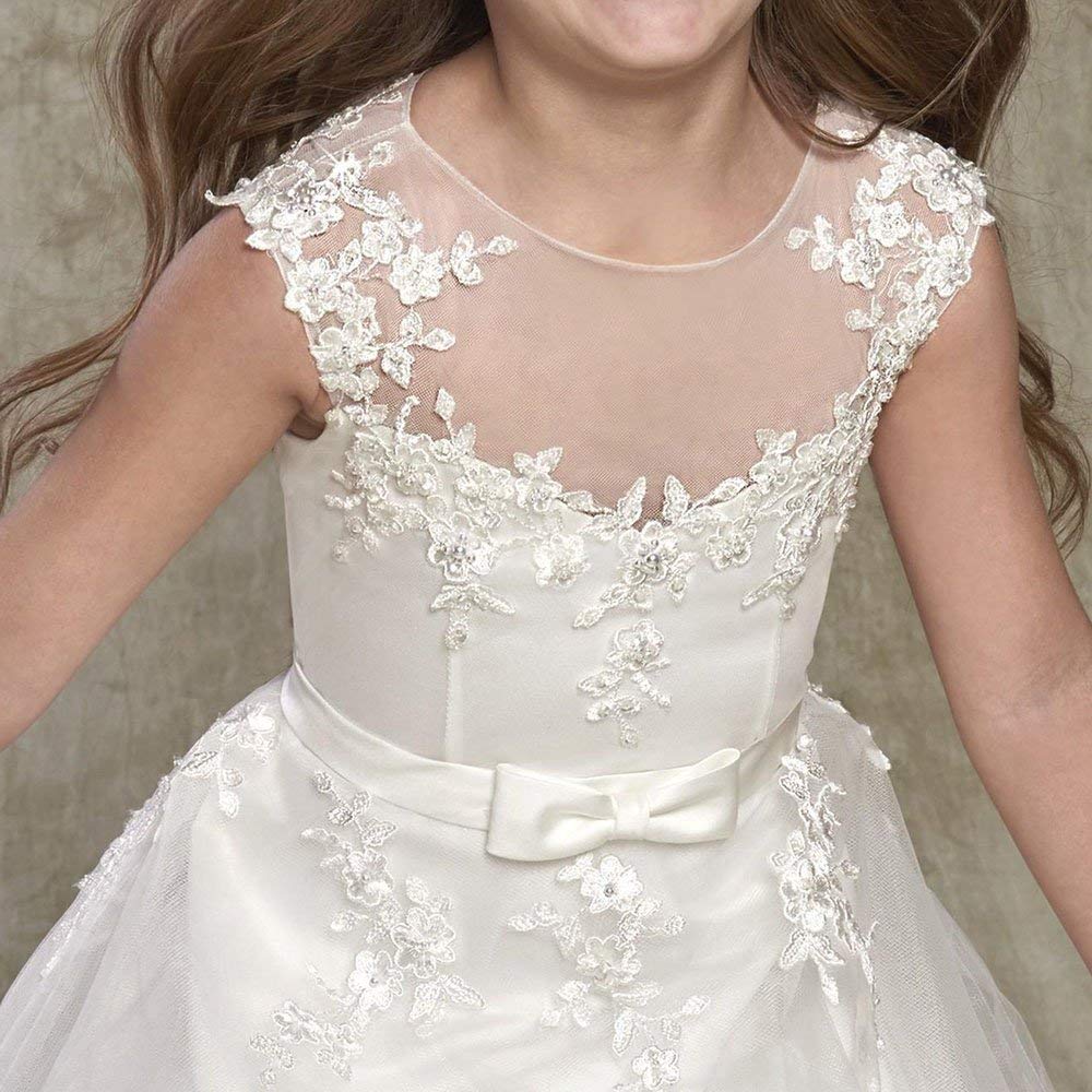 Vintage Flower Girl Dress for Wedding - Sheer Neck Lace First Holy Communion Dress with Cap Sleeves | Perfect for Weddings, Baptisms & Special Occasions