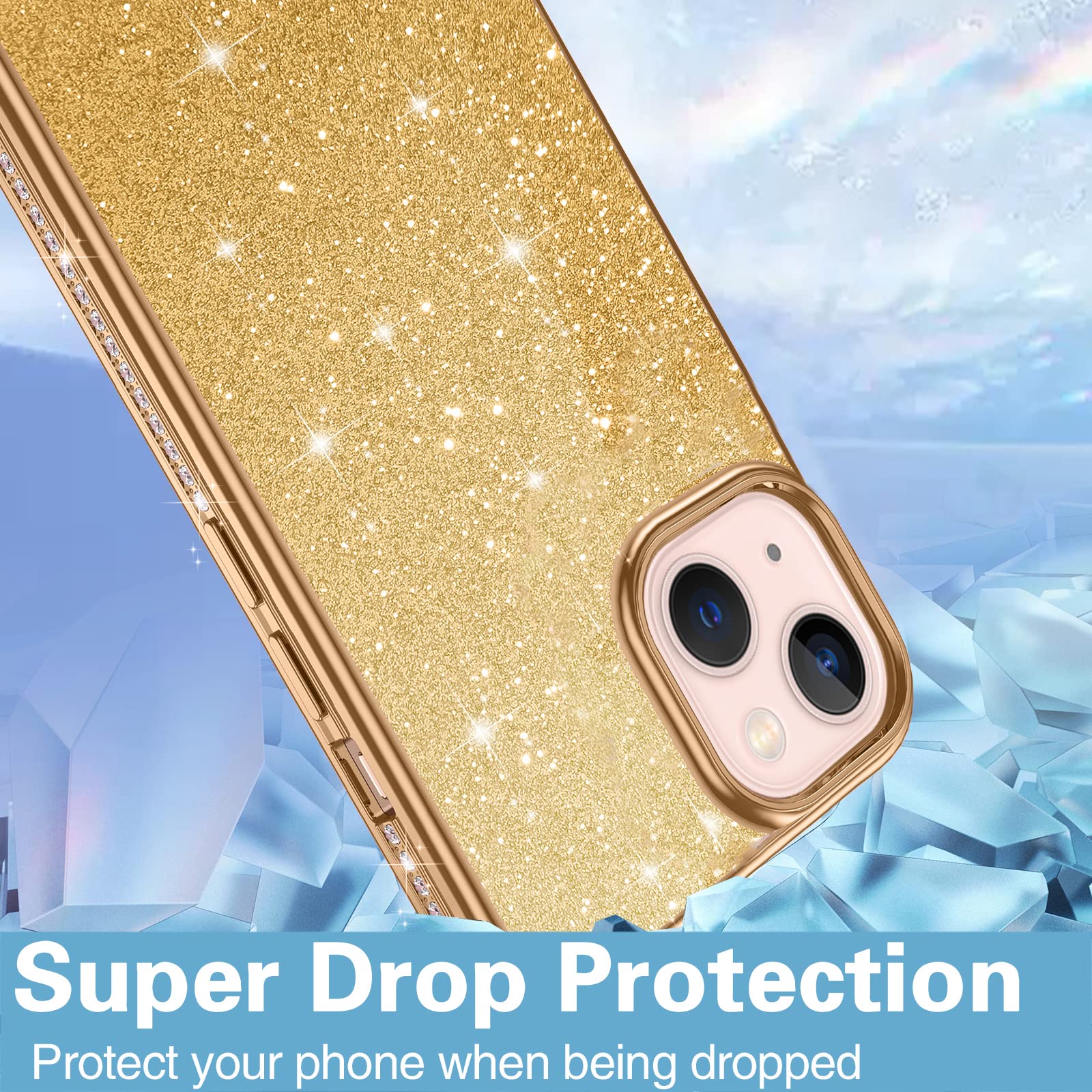 Sparkly Glitter Luxury Diamond iPhone 13 Case - Cute Bling Shockproof Protective Cover for Women & Girls | Anti-Scratch Slim Fit Design | Perfect for Parties, Daily Use & Gift Giving - Gold