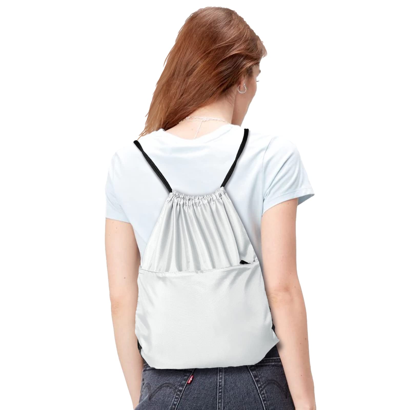 Lightweight Drawstring Backpack - 210D Nylon Foldable Gym Bag with Zipper Side Pocket for Men & Women | Perfect for Sports, Travel, School & Outdoor Activities (White)