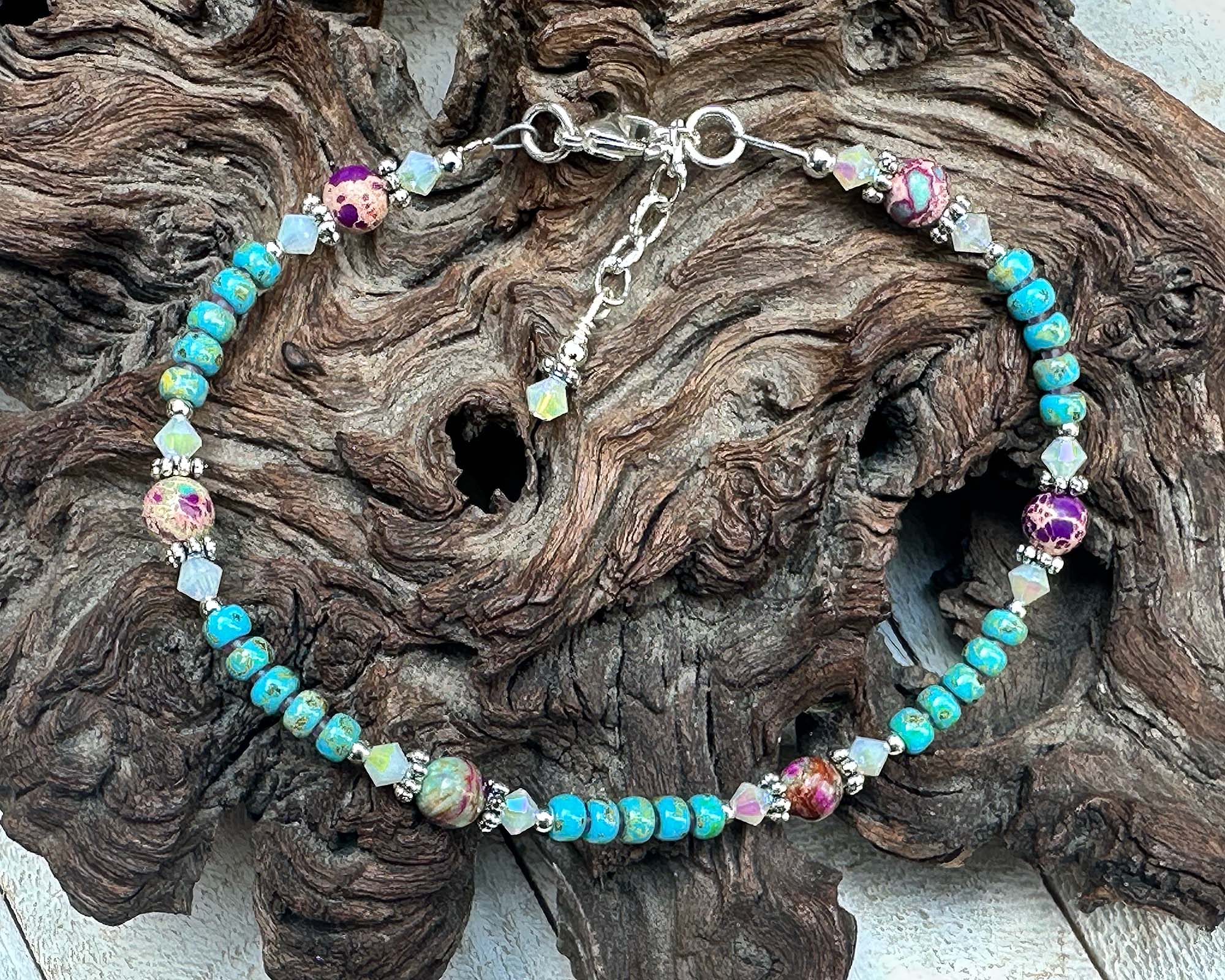 9-Piece Turquoise Jasper Jade Gemstone Beaded Anklet Bracelet for Women - Boho Chic Handmade Adjustable Ankle Jewelry for Summer Beach, Yoga & Festival Outfits