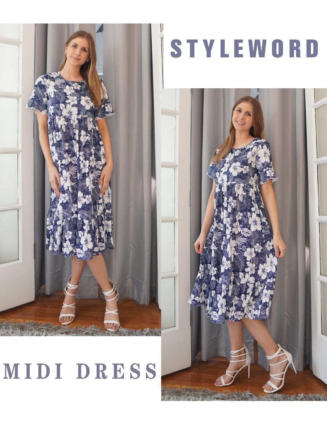 STYLEWORD Women's Summer 2025 Casual Short Sleeve Tiered Flowy Spring Dress - Long Midi Beach Sundress for Vacation, Party, Brunch & Outdoor Activities