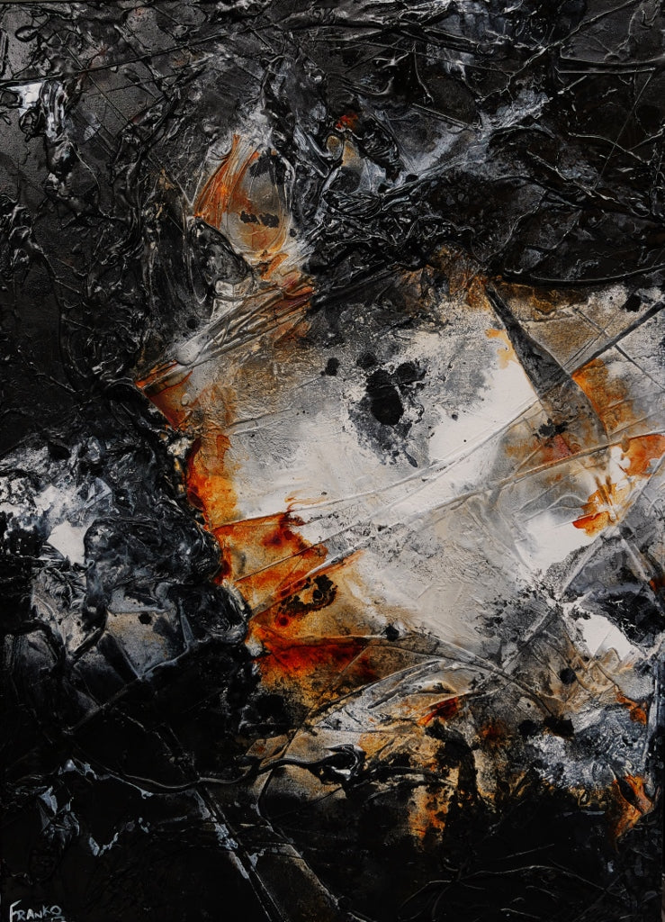 140cm x 100cm Black Rust White Textured Abstract Canvas Painting - Modern Wall Art for Living Room, Bedroom & Office Decor