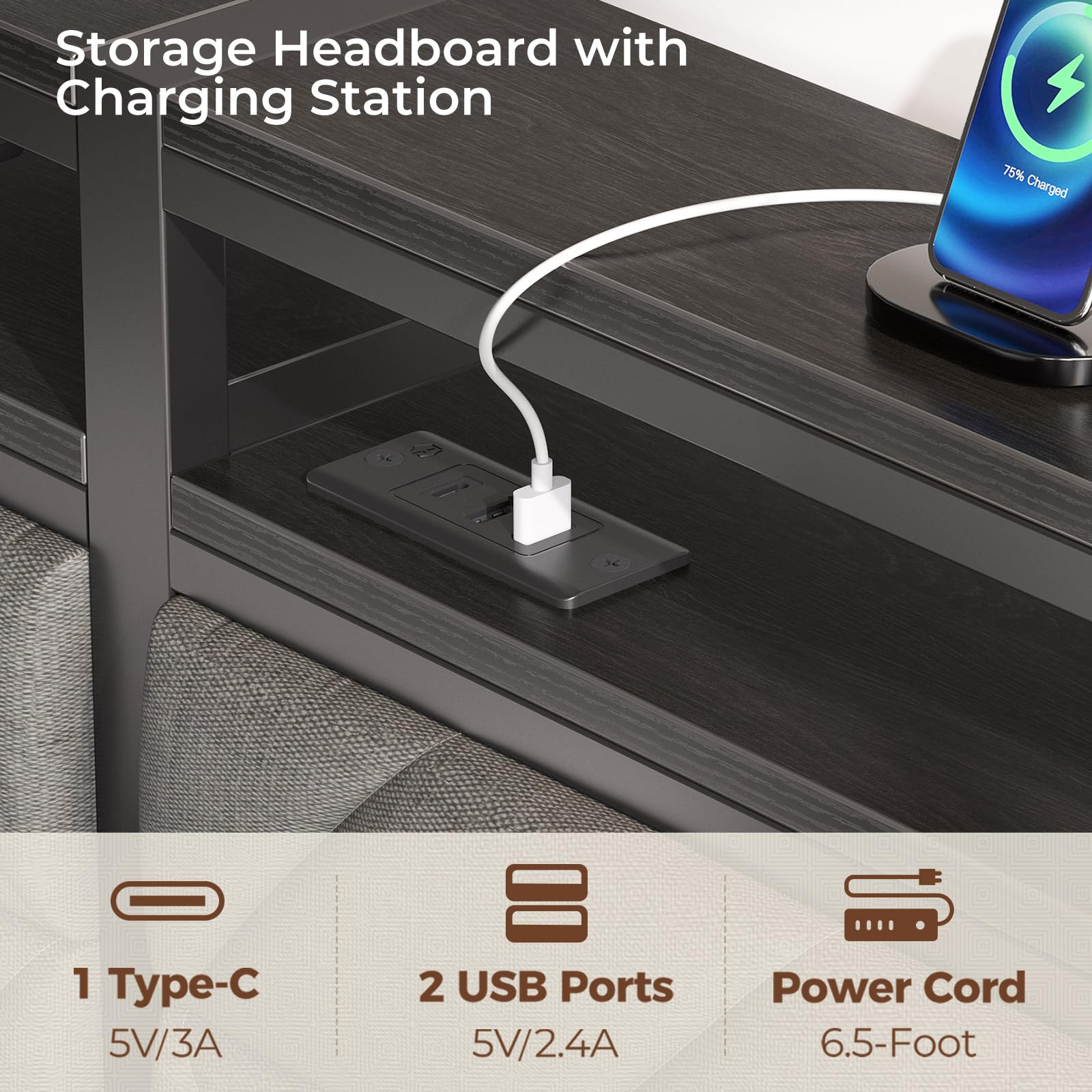 Full Size LED Upholstered Storage Bed Frame with USB Charging Station & Under Bed Storage - Metal Platform Bed, No Box Spring Needed, Noise Free, Easy Assembly, Grey - Perfect for Small Bedrooms, Dorms & Apartments
