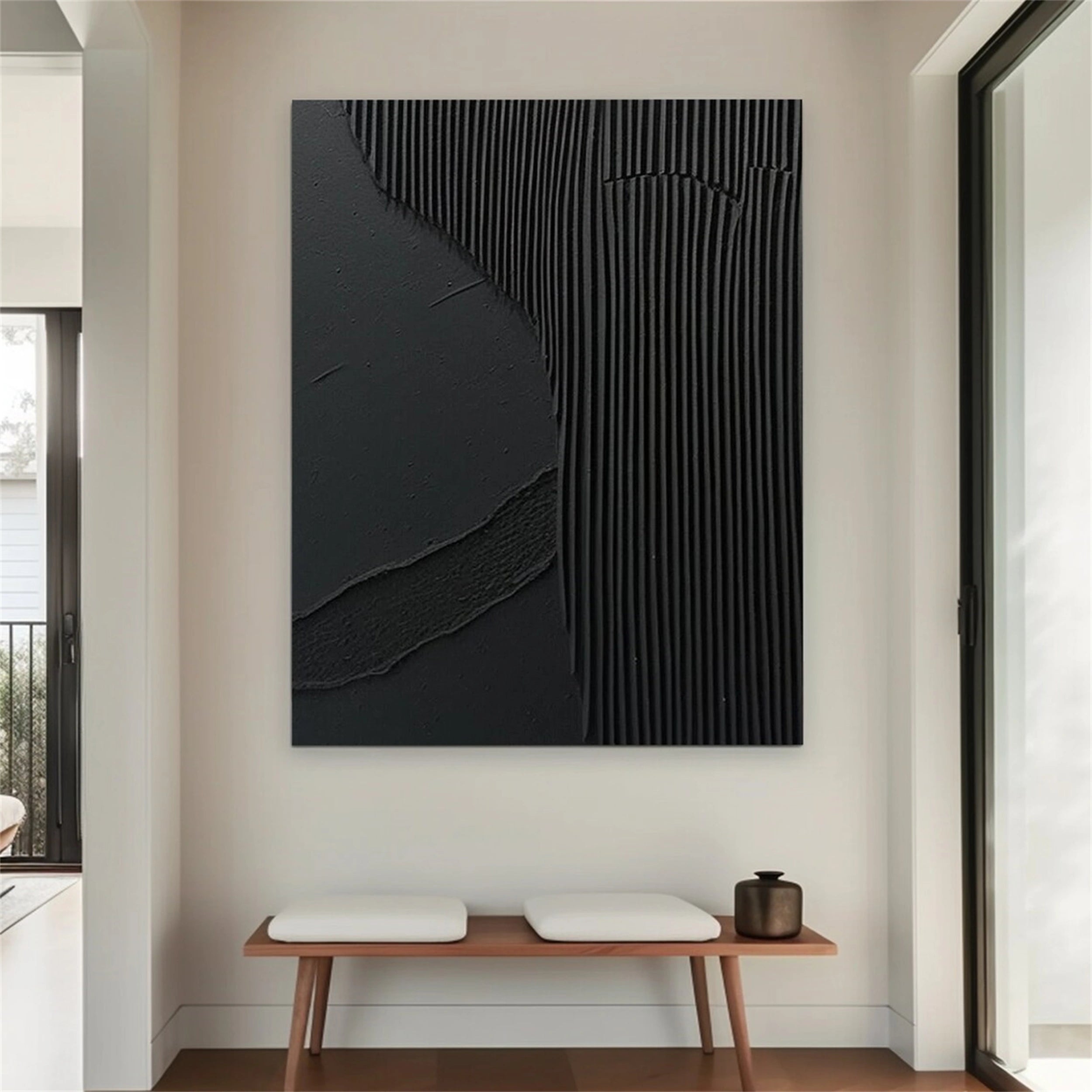 Black Minimalist Textured Painting Canvas - Modern Abstract Wall Art for Home & Office Decor | Perfect for Living Room, Bedroom & Studio | #MZ075