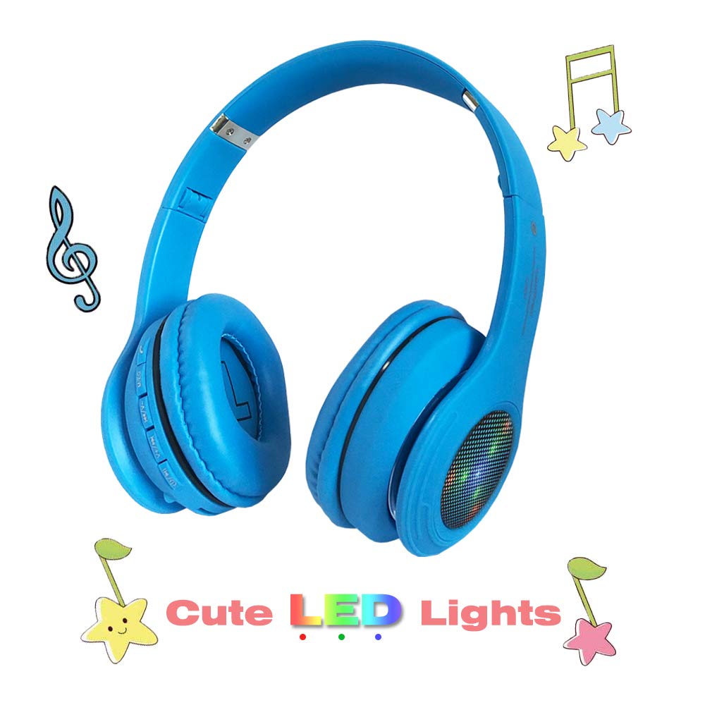 Wireless Bluetooth Kids Headphones with LED Lights, 85dB Volume Limiting, Foldable Design, Built-in Mic, FM Radio & Micro SD Support - Compatible with Phone, Tablet, PC, Laptop, TV (Blue) - Perfect for Online Learning, Gaming, and Travel Entertainment
