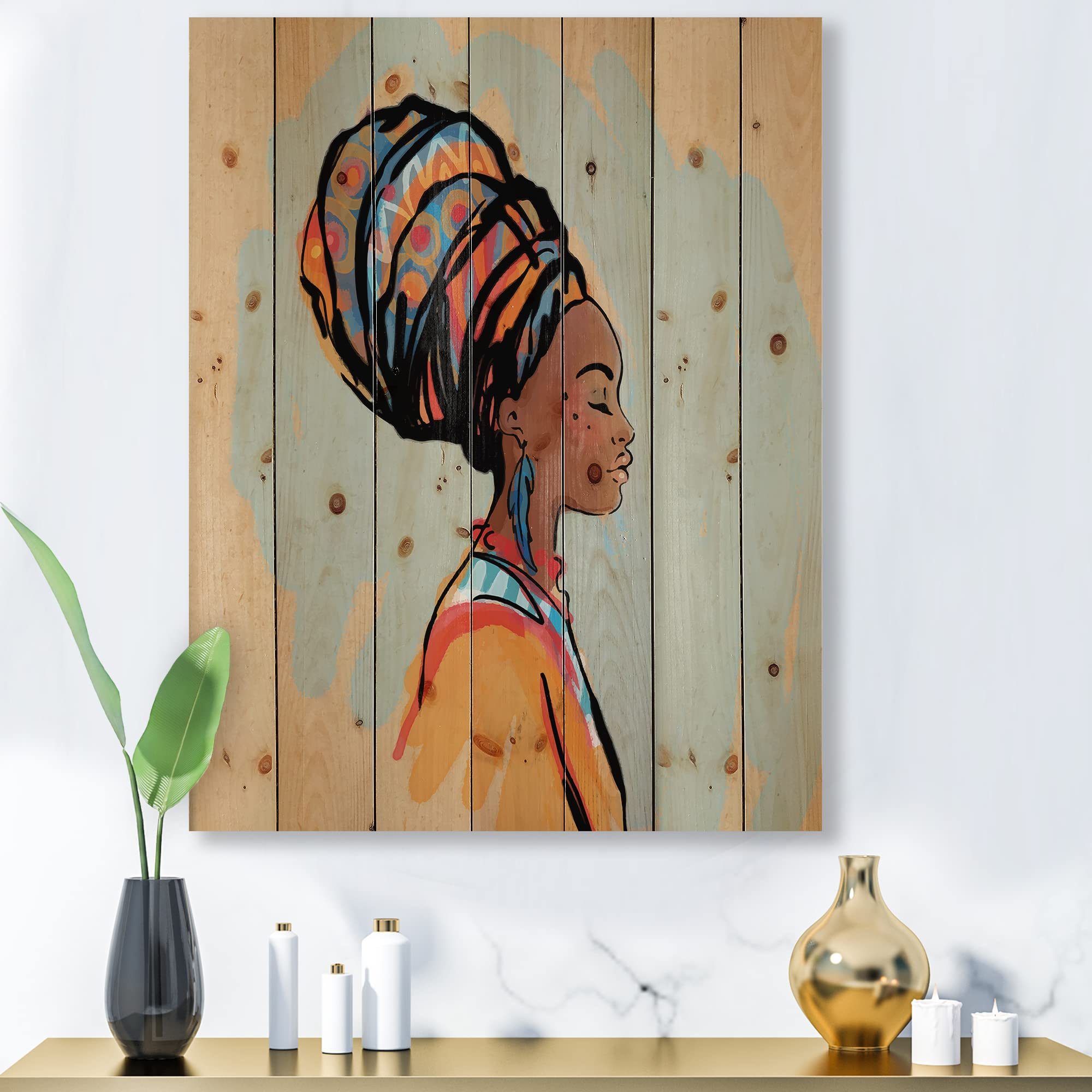 Modern Afro Woman Wood Wall Art - Blue Turban Portrait on Pine for Home Decor