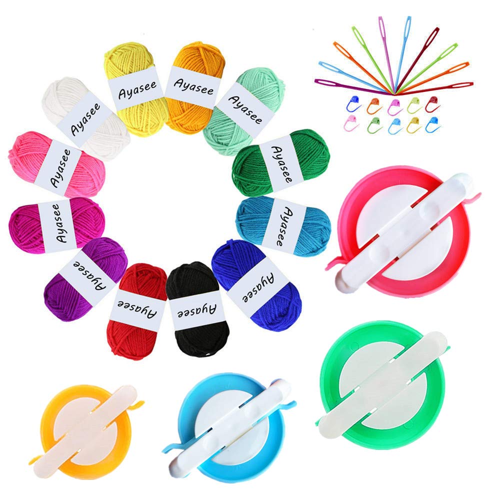 Pompom Maker Kit - DIY Knitting Loom Set with Fluff Ball Weaver, 4 Pompom Makers + 10 Knitting Stitch Markers + 10 Plastic Needles + 12 Acrylic Yarn (36 Colors) - Perfect for Crochet, Knitting Projects, and Handmade Crafts