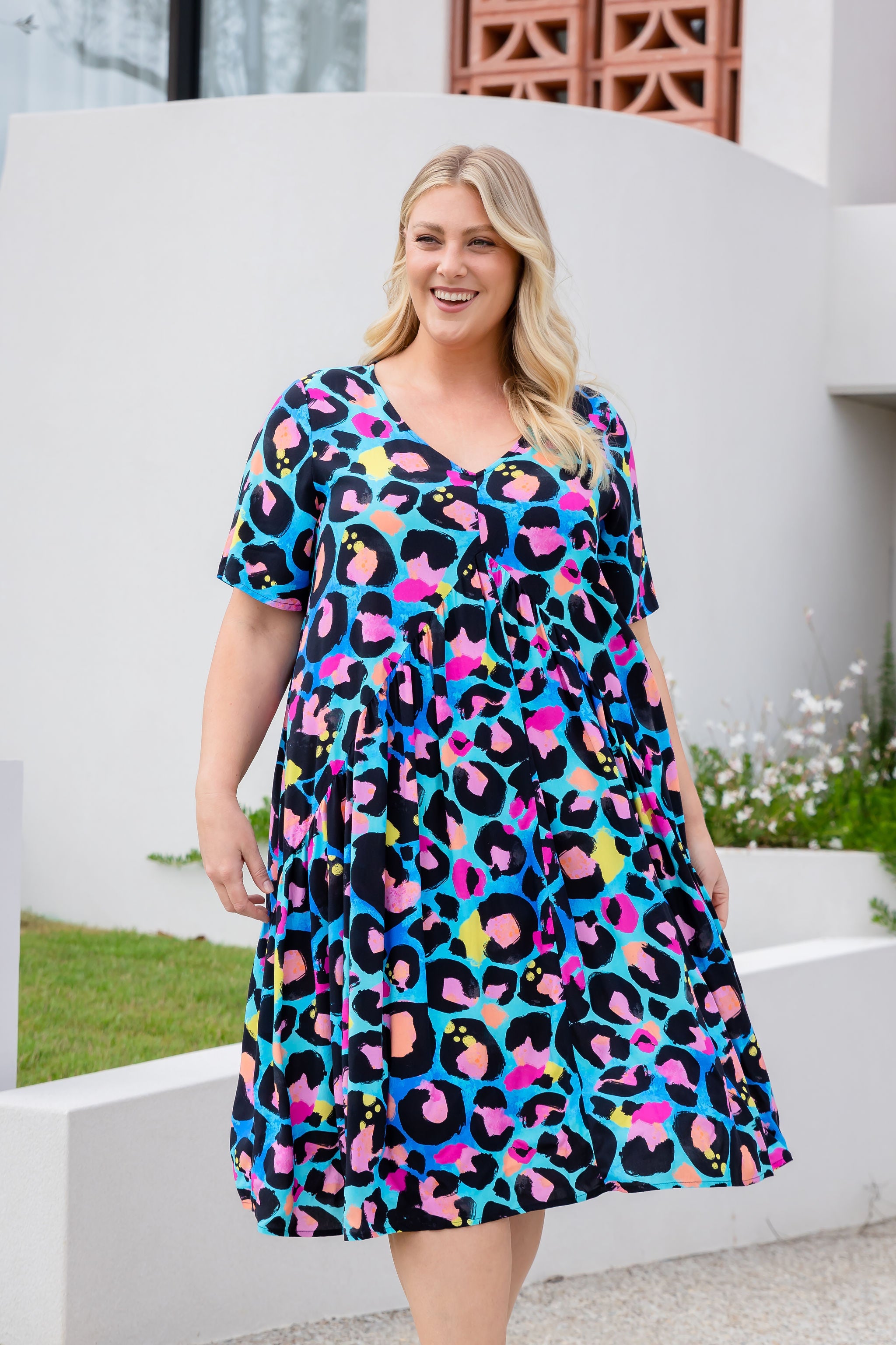 Kasey Rainbow Peak Dress in Kasey Leopard Print - Stylish Animal Print Party & Cocktail Dress for Women