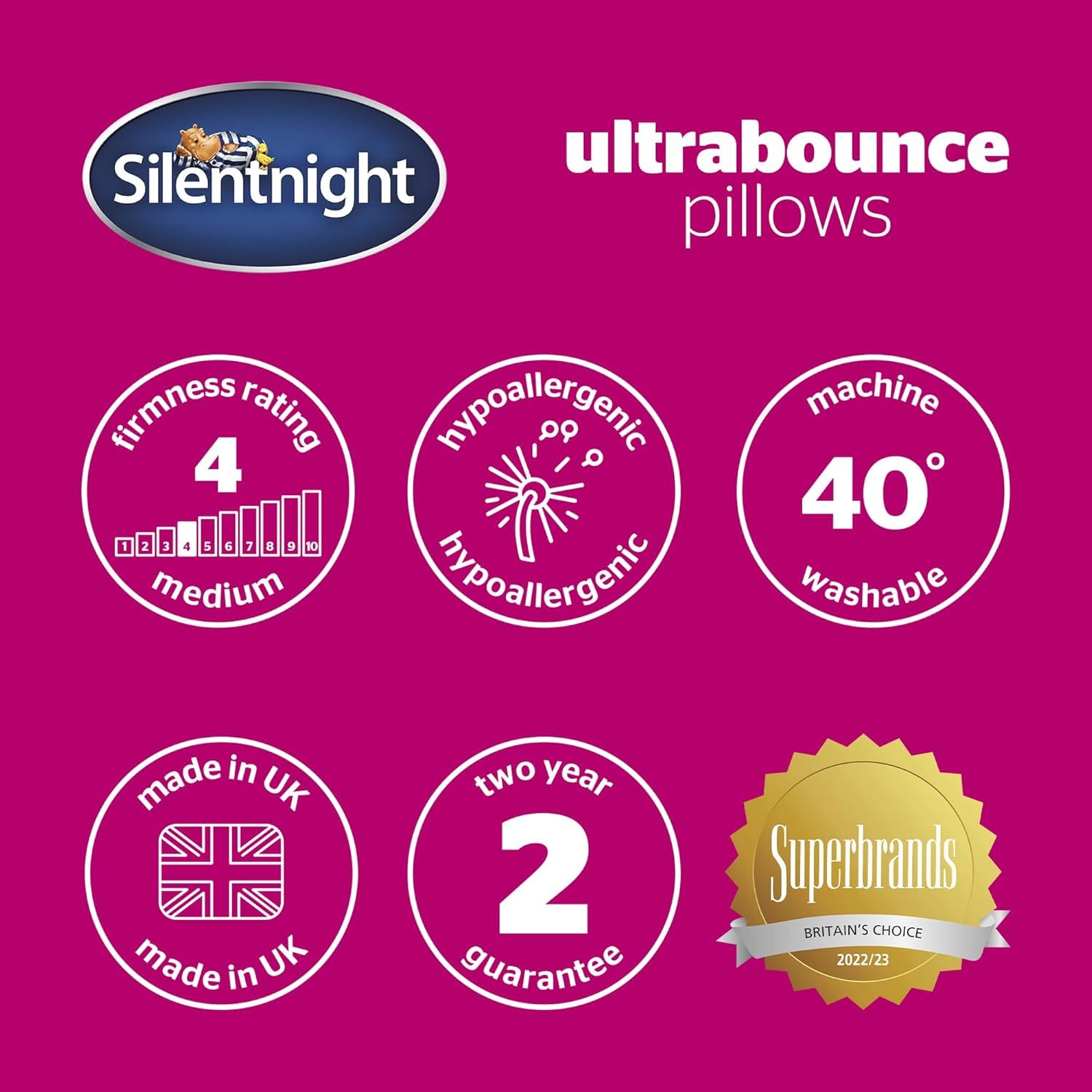 Silentnight Ultrabounce Pillows 2 Pack - Medium Support Hypoallergenic Bed Pillows for Stomach, Back & Side Sleepers - Machine Washable Soft Bouncy Pillows - Perfect for Home, Hotel & Travel Use (Pack of 2)