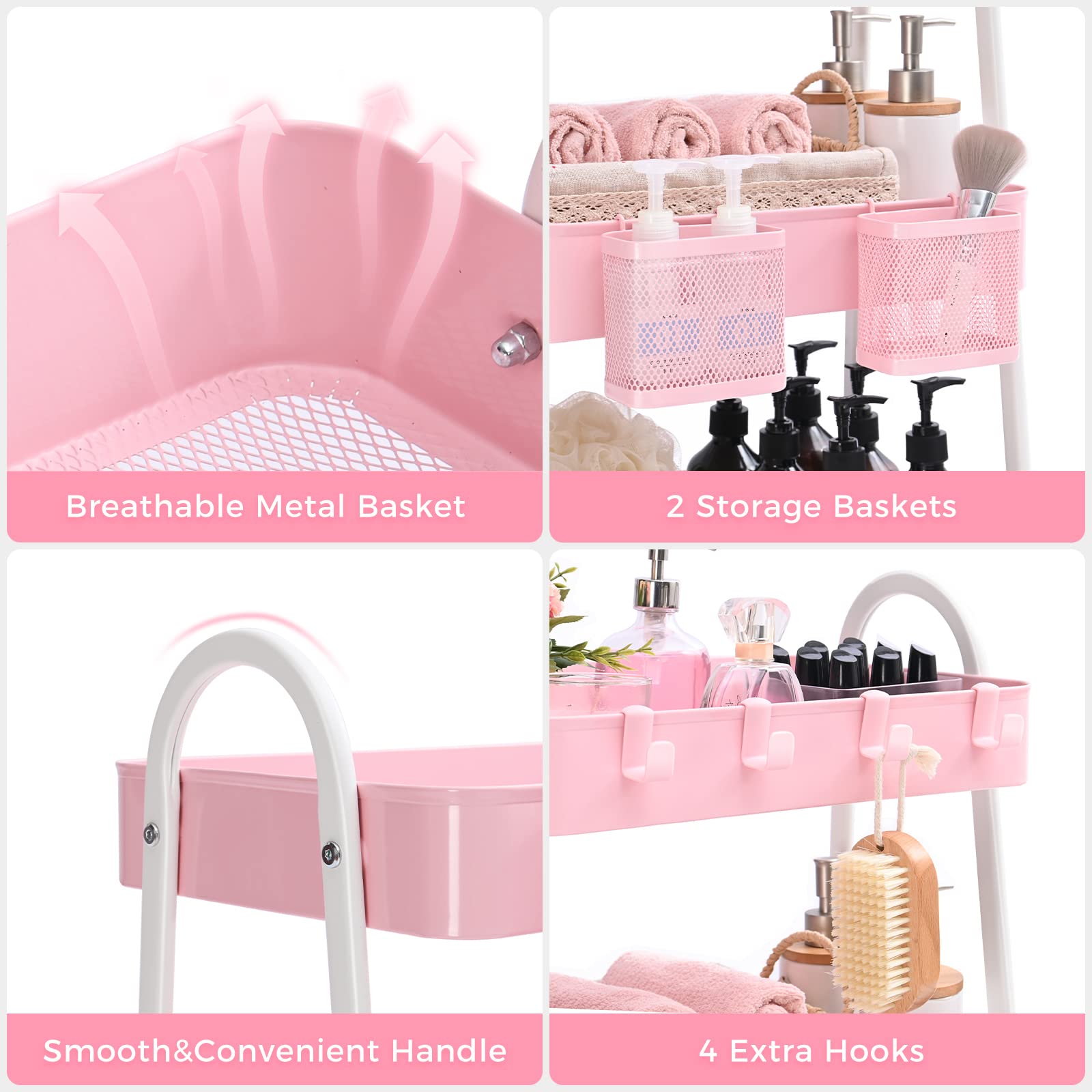 KINGRACK 3-Tier Metal Rolling Utility Cart with Locking Wheels, Handle & 2 Hanging Baskets - Pink Storage Organizer for Bathroom, Bedroom, Craft Room, Kitchen & Office - Perfect for Art Supplies, Makeup, Towels & Home Organization