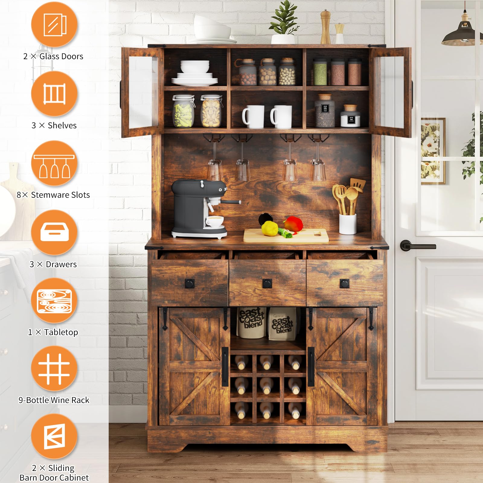 Farmhouse Coffee Bar Cabinet with Storage, 72
