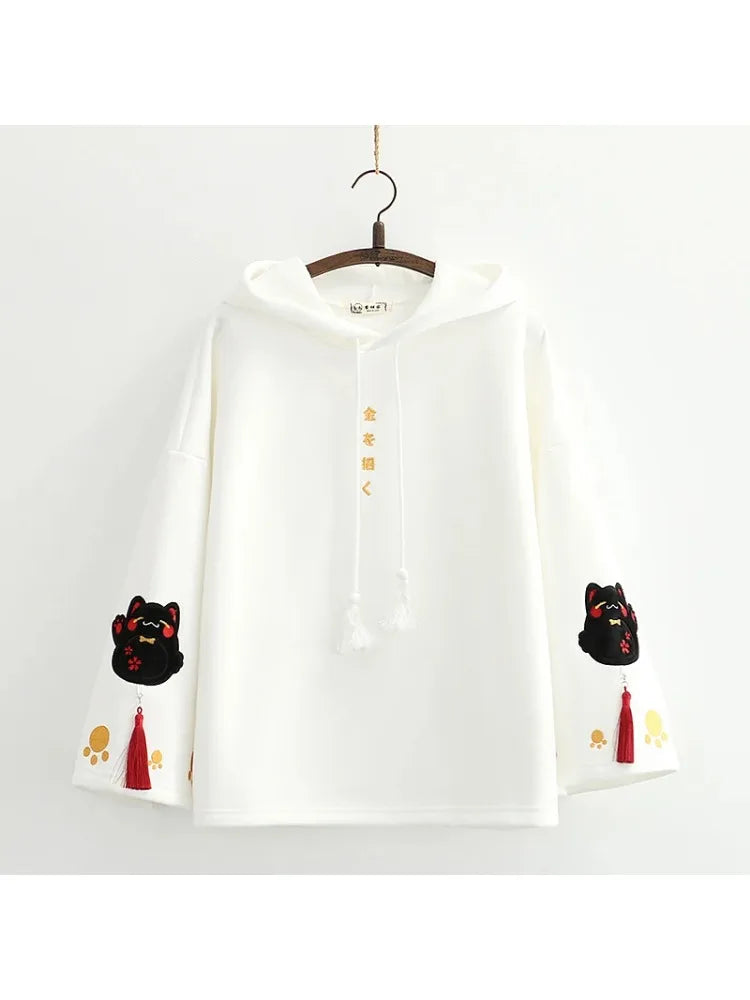 Black Harajuku Fox Embroidery Women's Hoodie - Winter Casual Pullover Sweatshirt with Flare Sleeves, Korean Style Tracksuit Top for Streetwear & Loungewear
