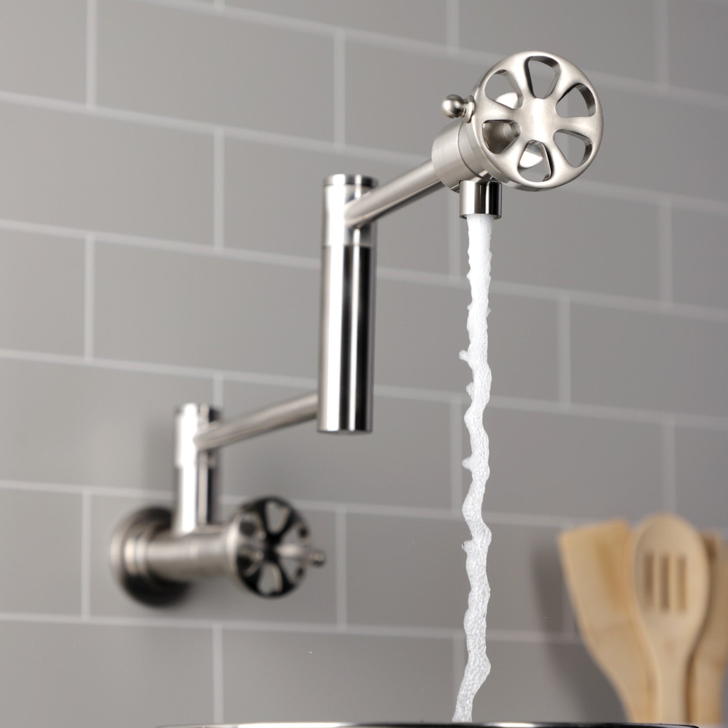 Belknap KS4108RX Brushed Nickel Two Handle Wall Mount Pot Filler Faucet - Perfect for Kitchen Sink, Stove & Cooking Area