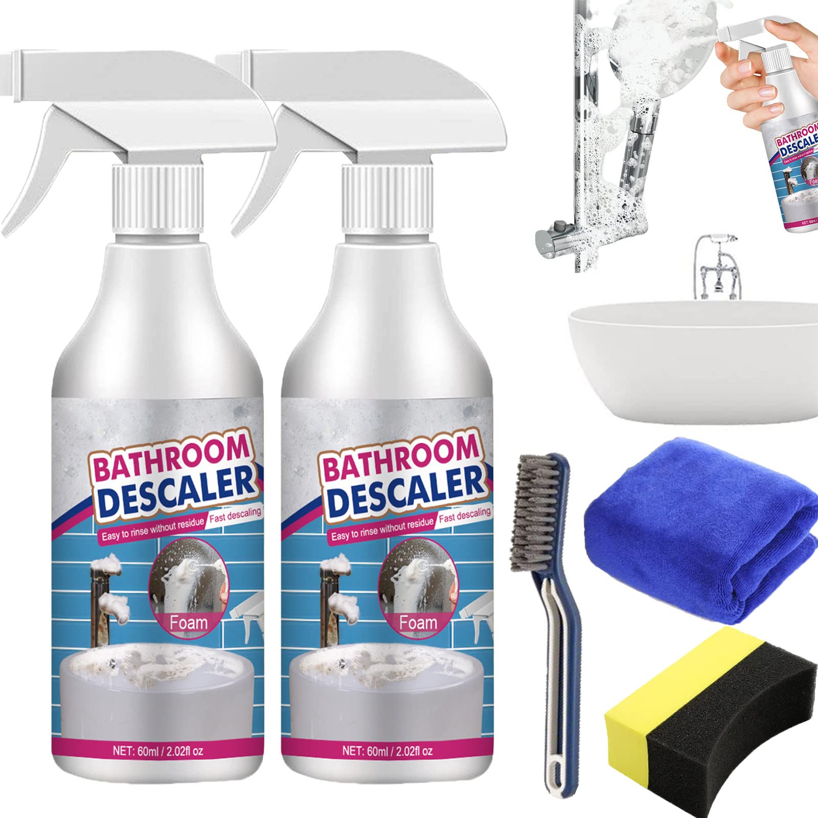 60ml/2.02oz Heavy Duty Stain & Limescale Remover | Bathroom Descaler & Foam Cleaner Spray | Multi-Surface Cleaning Foam for Shower, Sink, Tile & Toilet (2-Pack) – Perfect for Deep Cleaning Bathrooms & Removing Tough Stains