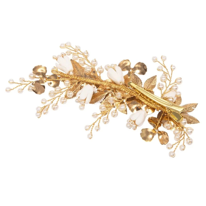 Elegant Gold Bridal Hair Clip with Swarovski Crystals & Pearls for Wedding Hairstyles - Perfect for Brides, Bridesmaids, and Special Occasions (A9070)