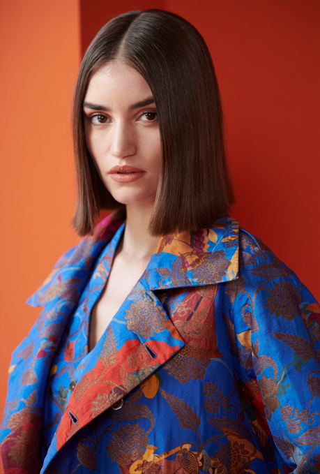 Elegant Cobalt Blue Silk Brocade Trench Coat - Vintage Inspired Women's Outerwear for Formal Events & Evening Occasions