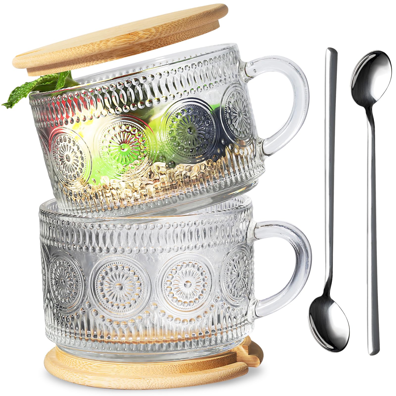 GMISUN Vintage 14oz Glass Coffee Mugs Set with Bamboo Lids & Spoons - Clear Large Handle Coffee Cups for Hot/Cold Drinks - Perfect for Coffee, Tea, Iced Coffee at Home, Office or Cafe (2 Pack)