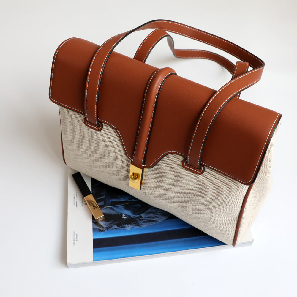 Genuine Leather Shoulder Bag with Canvas Lock Design - Stylish Tote Purse for Women | Perfect for Work, Travel & Everyday Use