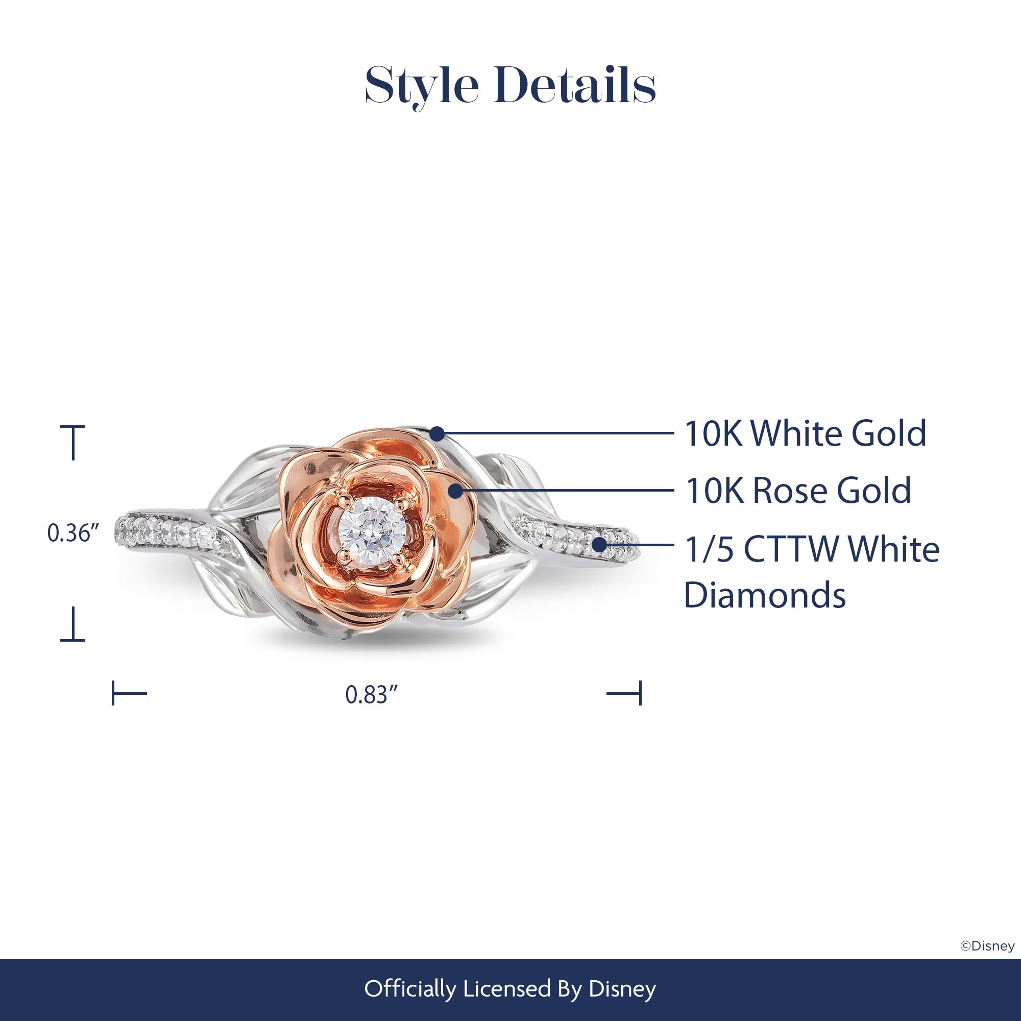 Jewelili Enchanted Disney Belle Rose Ring - 10K White Gold & Rose Gold with 1/5 Cttw Diamonds | Fine Jewelry for Women | Perfect Gift for Disney Fans, Brides & Special Occasions