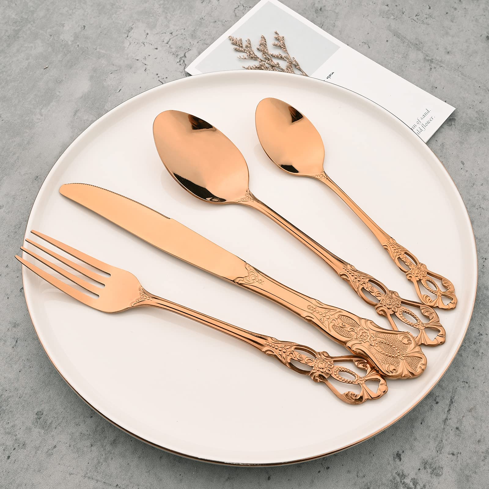 8-Piece Luxury Royal Silverware Set - 18/10 Stainless Steel Copper Flatware Service for 2, Elegant Tableware Cutlery Set with Forks, Spoons & Knives in Rose Gold & Mirror Polish (Dishwasher Safe) - Perfect for Weddings, Anniversaries & Fine Dining