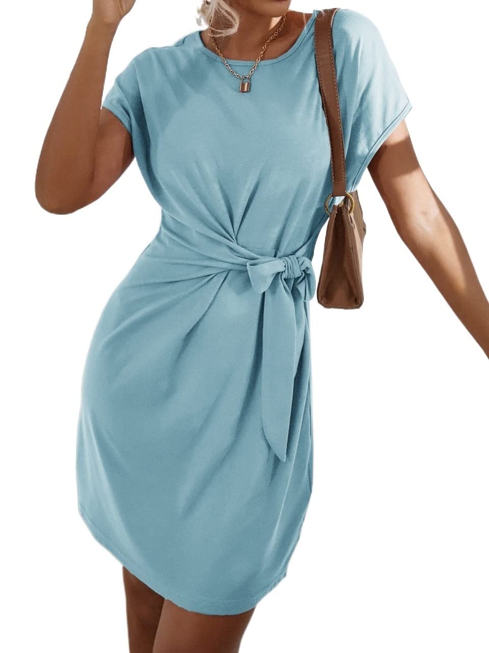 2022 Women's Summer Dresses - Knot Side Solid Batwing Sleeve Casual Dress for Beach, Vacation & Outdoor Parties