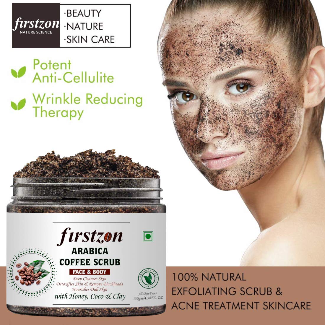 FIRSTZON Arabica Coffee Face & Body Scrub 130g - Exfoliating Scrub with Green Tea, Honey, Cocoa & Clay | Made in India | For Smooth Skin & Detoxification | Perfect for Spa Day & Self-Care Routine