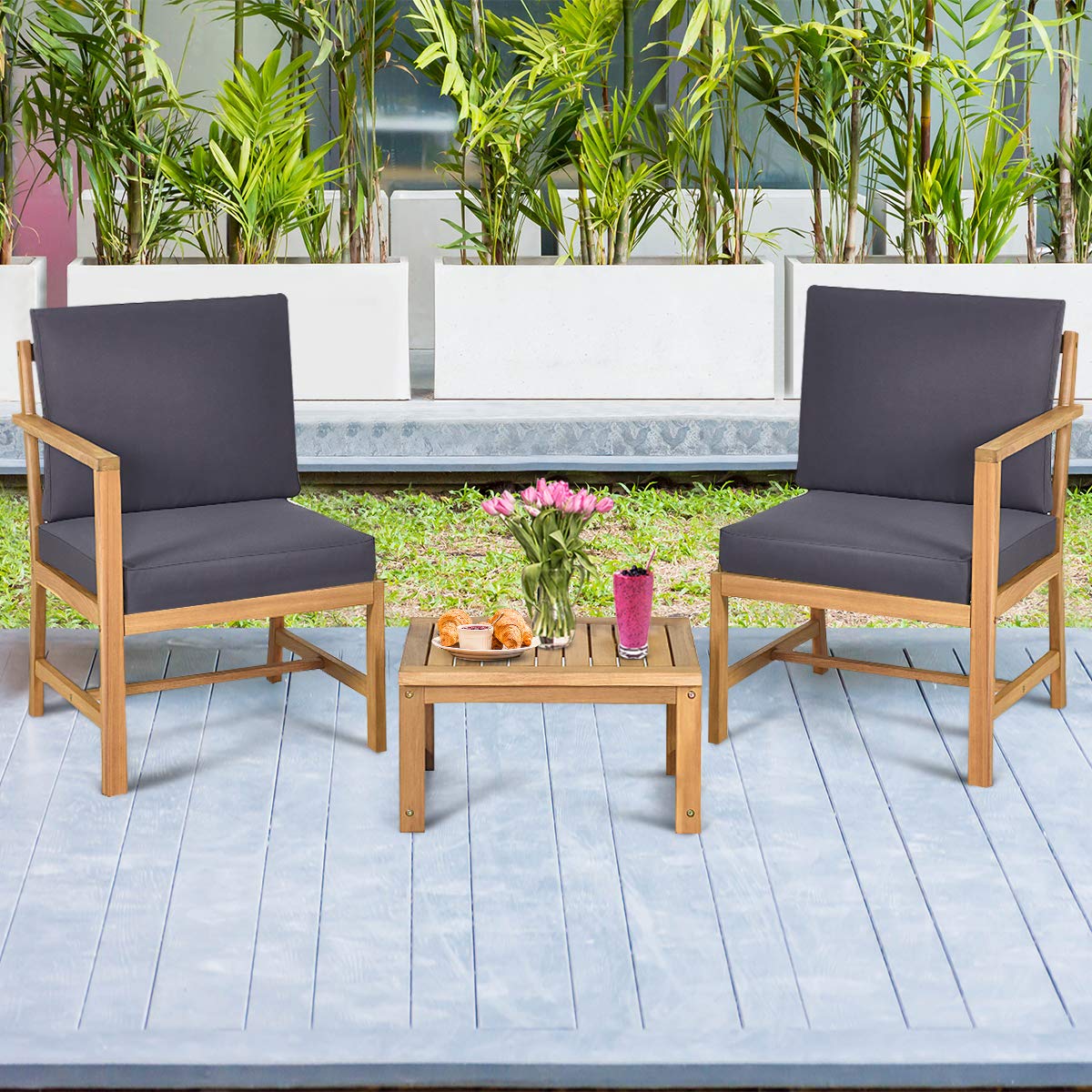 3-Piece Patio Conversation Set - Solid Acacia Wood Outdoor Furniture with 2 Chairs & Coffee Table - Weather-Resistant Balcony, Garden, Backyard Set for Indoor/Outdoor Use - Perfect for Relaxing, Entertaining & Small Space Decor (Natural Teak Finish)